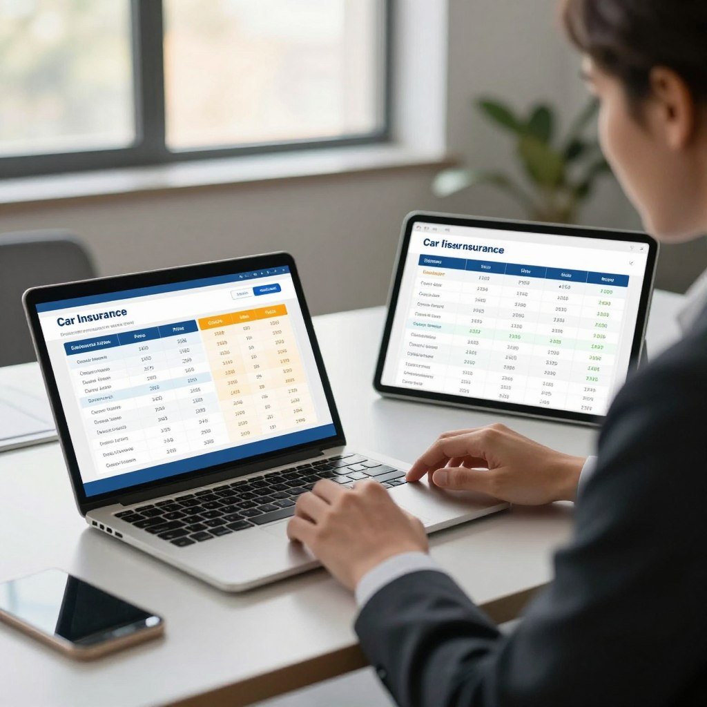 A split-screen composition showcasing a modern car insurance comparison scenario. In the foreground, a professional individual in business attire is seated at a sleek desk, intently analyzing various colorful insurance quotes displayed on a laptop. In the middle ground, a digital tablet lays open, revealing a chart highlighting price comparisons and coverage options. The background features a softly blurred office with large windows, allowing warm natural light to illuminate the scene, creating a productive atmosphere. The overall mood conveys diligence and clarity, emphasizing the importance of informed decision-making in selecting car insurance. The focus is clean, with a subtle depth of field that directs attention to the detailed comparison work being done.