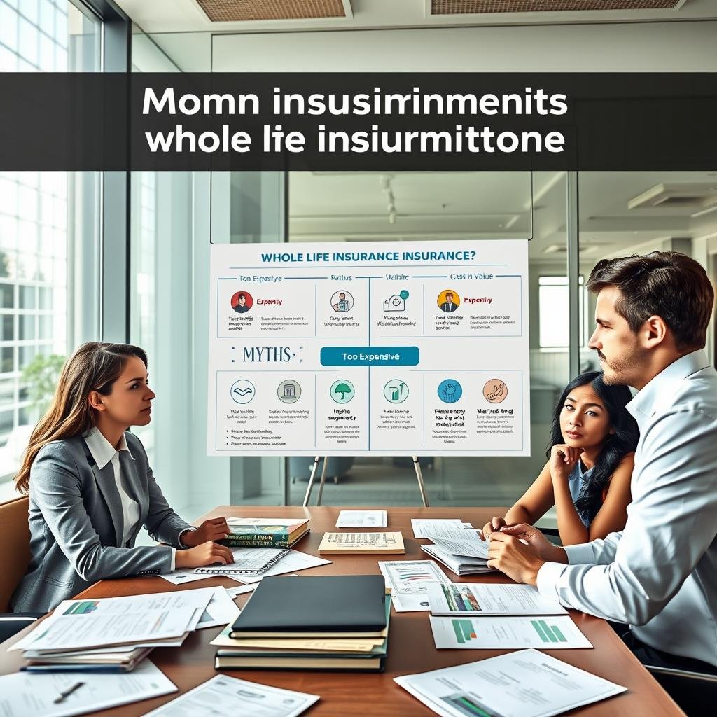 A thoughtful and professional scene depicting common misconceptions about whole life insurance. In the foreground, a diverse group of three people in business attire, each with a confused expression, engaged in a discussion around a table scattered with charts and brochures about insurance. In the middle ground, a large infographic poster highlighting misconceptions, such as "Too Expensive" and "No Cash Value," illustrated with icons that symbolize myths. The background features a modern office setting with large windows allowing natural light to pour in, creating a bright and open atmosphere. Use a wide-angle lens to capture the full scene, ensuring clarity and focus on the group while softening the background slightly. The mood should be informative and engaging, encouraging viewers to reconsider their assumptions about whole life insurance.