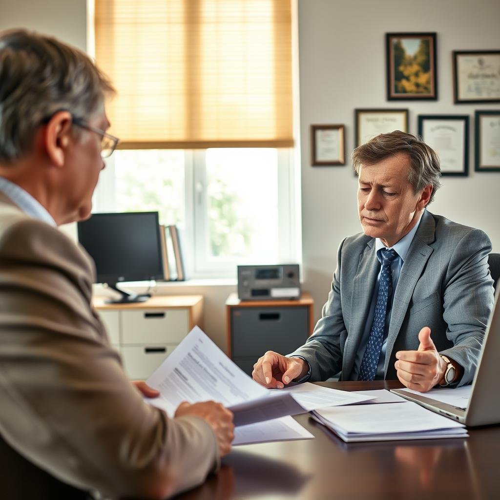 A thoughtful scene depicting the life insurance claim process, featuring a compassionate insurance agent sitting at a desk in a professional office setting. In the foreground, a middle-aged person in modest business attire is reviewing paperwork with a look of concern, while the agent, dressed in formal business attire, explains the process with empathy. In the middle ground, office furniture such as a computer, filing cabinet, and framed certificates add context to the environment. The background shows an inviting window with soft natural light filtering through, creating a warm mood. The atmosphere conveys a sense of care and professionalism, enhancing the understanding of the claims process during a difficult time. Natural lighting from the side emphasizes the serious yet supportive nature of the interaction. A thoughtful scene depicting the life insurance claim process, featuring a compassionate insurance agent sitting at a desk in a professional office setting. In the foreground, a middle-aged person in modest business attire is reviewing paperwork with a look of concern, while the agent, dressed in formal business attire, explains the process with empathy. In the middle ground, office furniture such as a computer, filing cabinet, and framed certificates add context to the environment. The background shows an inviting window with soft natural light filtering through, creating a warm mood. The atmosphere conveys a sense of care and professionalism, enhancing the understanding of the claims process during a difficult time. Natural lighting from the side emphasizes the serious yet supportive nature of the interaction.