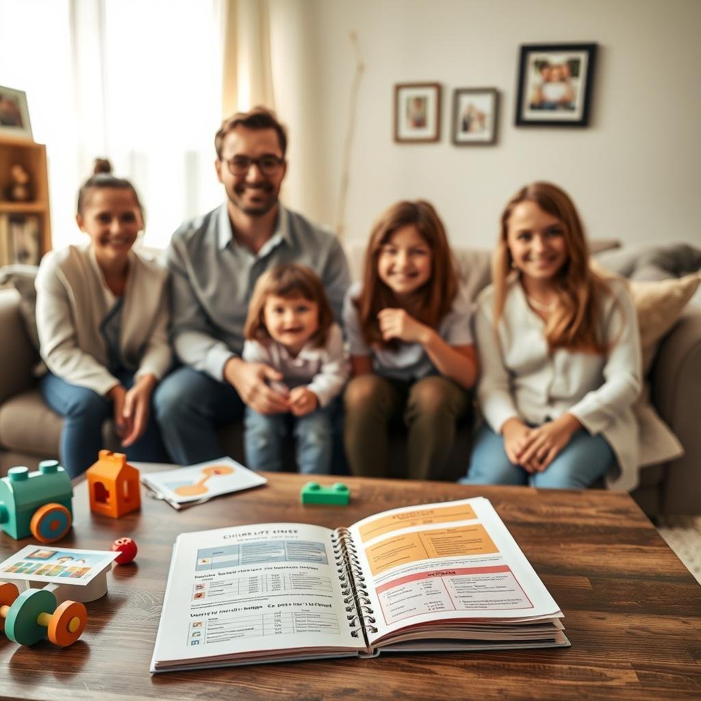 A thoughtful scene illustrating the concept of children's life insurance policy riders, set in a cozy family living room. In the foreground, a cheerful family of four—parents in smart casual attire and two children—are gathered around a coffee table filled with colorful brochures and documents about life insurance options. The middle ground features an open notebook, displaying charts and illustrations of policy riders, with toys nearby symbolizing childhood. In the background, soft natural light streams through a window, casting a warm glow on family photos. The mood is optimistic and reassuring, emphasizing protection and future planning. Capture this in a friendly, inviting perspective, evoking a sense of security and hope for children's futures.