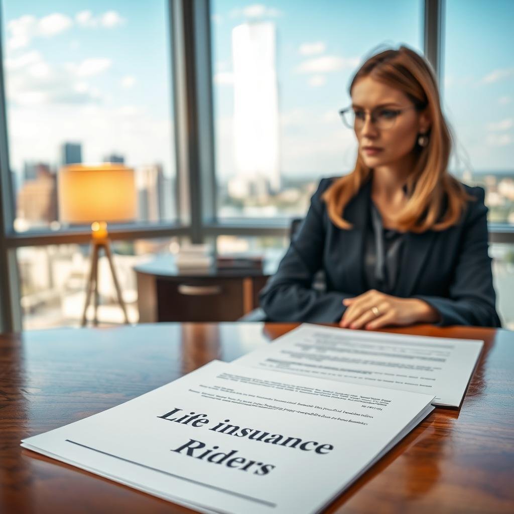 A tranquil office setting with a polished wooden desk in the foreground, showcasing a neatly arranged set of documents labeled "Life Insurance Riders." A professional woman in business attire, sitting with a thoughtful expression, is reviewing the documents, exuding confidence and focus. In the middle ground, a softly glowing lamp casts warm light on the desk, illuminating the details on the paper. In the background, a large window reveals a city skyline under a blue sky, symbolizing opportunity and stability. The composition emphasizes clarity and professionalism, with natural light enhancing the serene atmosphere. Use a shallow depth of field to create a soft focus on the background, highlighting the desk and documents.