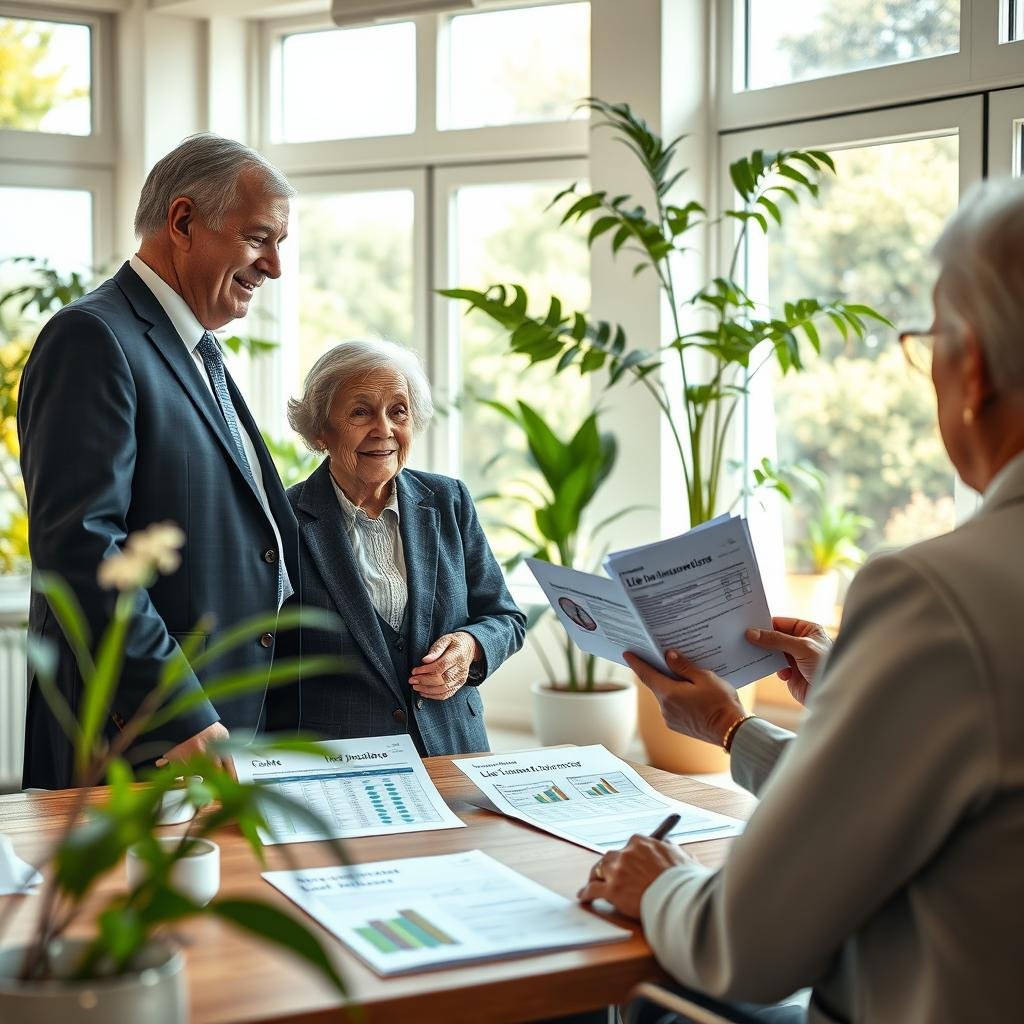 A tranquil scene illustrating the concept of life insurance for seniors. In the foreground, a kindly elderly couple looks at a financial advisor, who is presenting them with a documents in a bright, welcoming office filled with plants and natural light. The couple is dressed in professional business attire, conveying a sense of trust and professionalism. In the middle ground, a wooden desk is adorned with brochures and informative charts about life insurance costs. In the background, large windows show a sunny day outside, creating warmth and optimism. The lighting is soft and inviting, with a focus on the faces of the individuals, emphasizing their expressions of hope and reassurance, while capturing an atmosphere of security and planning for the future.