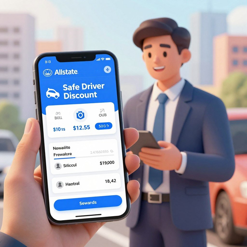 A vibrant digital illustration showcasing a smartphone displaying Allstate's mobile app on the foreground, which visually emphasizes a "Safe Driver Discount" feature. The app interface should show a clear, user-friendly layout, highlighting safety metrics and rewards. In the middle ground, a young professional in business attire, smiling and engaged with the app, represents customer satisfaction and modern insurance solutions. The background features a blurred cityscape to reflect a safe driving environment, with soft, warm lighting creating an inviting atmosphere. The overall mood is positive and reassuring, emphasizing the connection between technology and savings on insurance premiums, with a focus on community safety and responsible driving. A vibrant digital illustration showcasing a smartphone displaying Allstate's mobile app on the foreground, which visually emphasizes a "Safe Driver Discount" feature. The app interface should show a clear, user-friendly layout, highlighting safety metrics and rewards. In the middle ground, a young professional in business attire, smiling and engaged with the app, represents customer satisfaction and modern insurance solutions. The background features a blurred cityscape to reflect a safe driving environment, with soft, warm lighting creating an inviting atmosphere. The overall mood is positive and reassuring, emphasizing the connection between technology and savings on insurance premiums, with a focus on community safety and responsible driving.