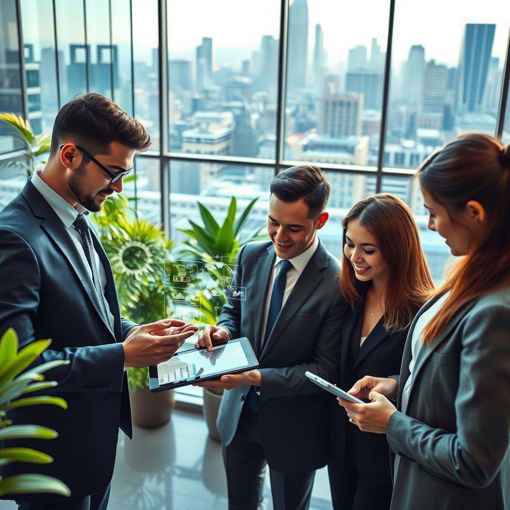 A vibrant, modern urban setting showcasing the evolution of job markets, featuring diverse professionals in smart business attire engaged in collaborative activities. In the foreground, a group of employees analyzes data on digital tablets, with holographic displays showcasing emerging career trends and skills. The middle ground includes an open-tech workspace filled with green plants and bright, natural light filtering through large windows, symbolizing a progressive work environment. In the background, a skyline with innovative architecture represents a future-focused city. The scene has a dynamic yet welcoming atmosphere, with soft, warm lighting emphasizing the collaborative spirit. Shot from a slightly elevated angle to capture the entire scene, with a slight depth of field to enhance focus on the professionals. A vibrant, modern urban setting showcasing the evolution of job markets, featuring diverse professionals in smart business attire engaged in collaborative activities. In the foreground, a group of employees analyzes data on digital tablets, with holographic displays showcasing emerging career trends and skills. The middle ground includes an open-tech workspace filled with green plants and bright, natural light filtering through large windows, symbolizing a progressive work environment. In the background, a skyline with innovative architecture represents a future-focused city. The scene has a dynamic yet welcoming atmosphere, with soft, warm lighting emphasizing the collaborative spirit. Shot from a slightly elevated angle to capture the entire scene, with a slight depth of field to enhance focus on the professionals.
