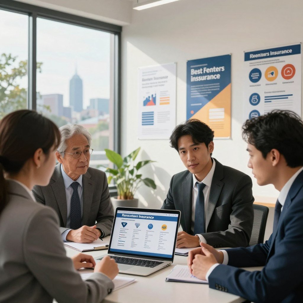 A vibrant scene showcasing the best renters insurance companies in Pennsylvania, set in a light-filled office environment. In the foreground, a diverse group of three professionals dressed in smart business attire, discussing renters insurance options with a laptop open, displaying statistics and companies' logos. The middle ground features posters or infographics about renters insurance benefits artistically arranged on the walls. In the background, large windows reveal a picturesque view of Pennsylvania's skyline, with trees gently swaying in the breeze. Soft natural light filters in, creating a warm and inviting atmosphere. The overall mood should convey professionalism, trust, and security, ideal for informing potential renters about their insurance options.
