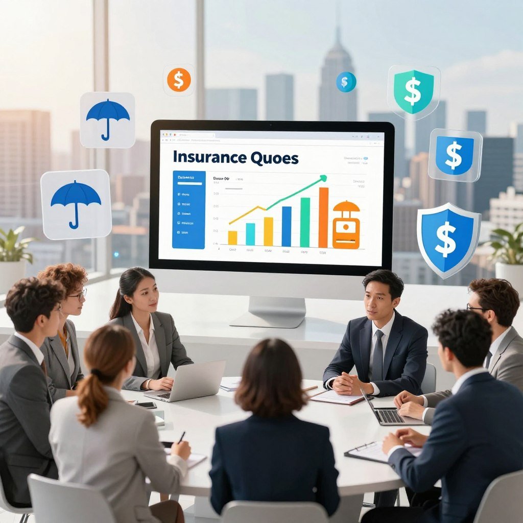A visually appealing illustration depicting the concept of budget-friendly insurance quotes. In the foreground, a diverse group of professionals in smart business attire is engaged in a discussion, surrounded by floating digital icons representing insurance symbols like umbrellas, shields, and dollar signs. The middle ground features a sleek, modern computer displaying a comparison of insurance quotes on its screen, with vibrant graphics showing savings. The background includes a city skyline bathed in warm, natural sunlight, suggesting optimism and financial stability. The mood should convey a sense of empowerment and clarity, emphasizing accessibility and smart decision-making in choosing insurance providers. The overall composition should be bright and inviting, utilizing a wide-angle lens effect for a dynamic perspective.