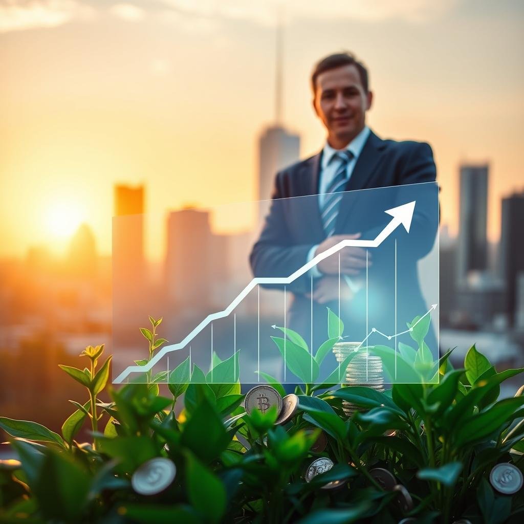 A visually engaging depiction of tax-deferred growth related to life insurance investments. In the foreground, a professional person in business attire is standing confidently with a transparent financial chart hologram projecting in front of them, displaying an upward trend. The middle ground features lush green plants symbolizing growth, intertwined with coins and financial symbols, illustrating the concept of growth over time. In the background, a soft-focus city skyline at sunset casts warm golden light, creating an optimistic atmosphere. The lighting is warm and inviting, emphasizing a sense of security and future wealth. The camera angle is slightly low, giving a sense of empowerment and stability. No text or overlays are present, keeping the focus on the imagery of growth and investment.