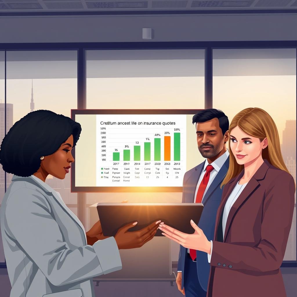 A visually engaging illustration depicting the impact of credit scores on insurance quotes, centered on a professional-looking office environment. In the foreground, a diverse group of three individuals in business attire (a Black woman, a Hispanic man, and a Caucasian woman) are analyzing charts and graphs displaying various insurance quotes and credit scores on a sleek digital tablet. In the middle, a large screen showcases a bar graph comparison of insurance quotes linked to different credit score levels, radiating statistics and data points. The background features a modern office with glass walls, soft ambient lighting that creates a warm atmosphere, and a city skyline through the windows. The perspective is slightly elevated, capturing the dynamic interaction among the individuals and emphasizing the theme of financial decision-making.