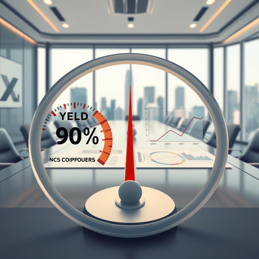 A visually engaging illustration depicting the yield differences between corporate and government bonds. In the foreground, a sleek, transparent gauge displays yield percentages, marked distinctly for corporate on one side and government on the other. The middle ground features an elegant office setting with a polished conference table adorned with financial charts and graphs illustrating the comparative yields; soft lighting highlights the curves and details. In the background, a large window offers a city skyline view, representing the corporate world. The atmosphere is professional and analytical, with a subtle cool color palette of blues and grays, evoking a sense of finance and investment. The angle is a slightly elevated perspective, giving depth to the scene and inviting viewers to explore the complexity of bond yields.