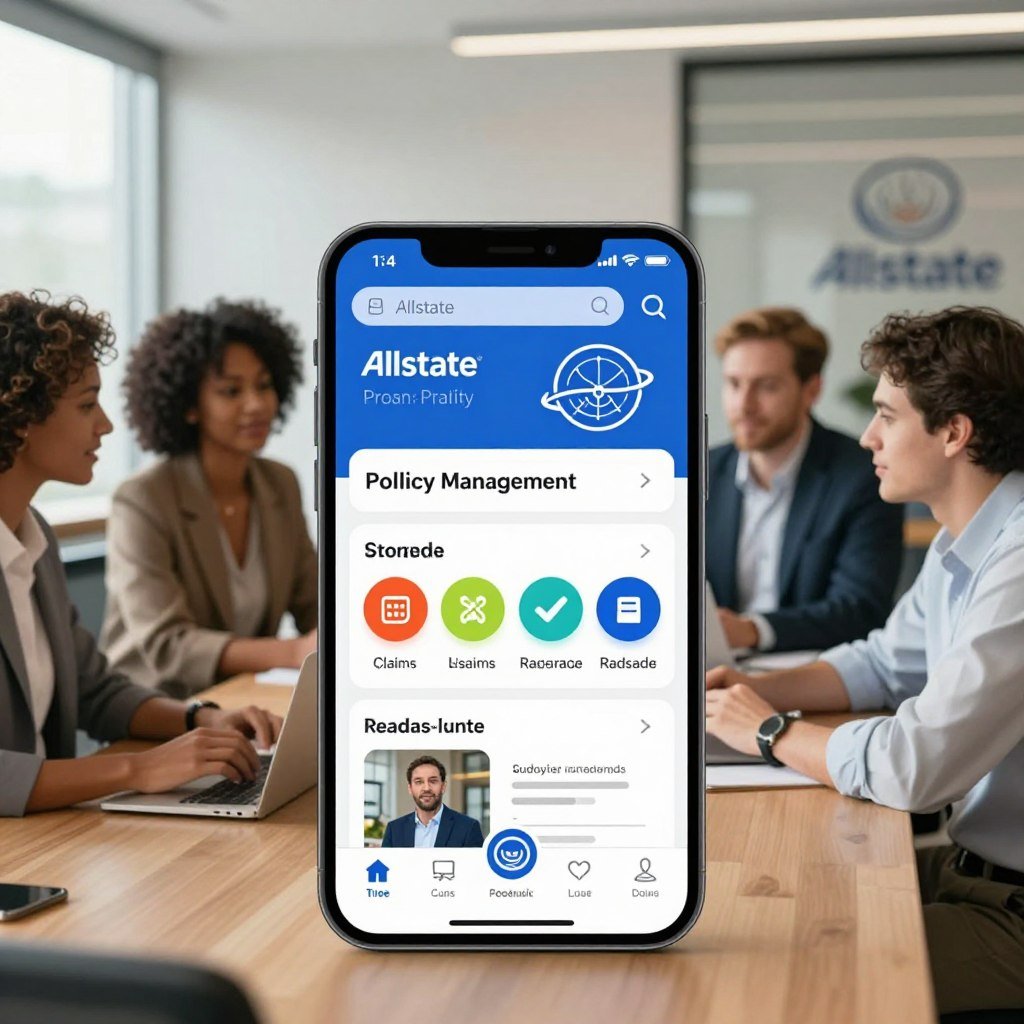 A visually engaging illustration of the Allstate mobile app interface displayed on a sleek modern smartphone in a professional setting. In the foreground, the smartphone showcases various features such as policy management, claims submission, and roadside assistance, with vibrant icons and user-friendly menus. The middle ground features a diverse group of individuals, dressed in business casual attire, engaged in discussions about the app’s capabilities. In the background, a well-lit office environment with subtle reflections of Allstate branding adds depth. Soft, natural lighting highlights the app on the screen, creating an inviting and productive atmosphere. The overall mood conveys trust, innovation, and reliability in insurance solutions for individuals and families.