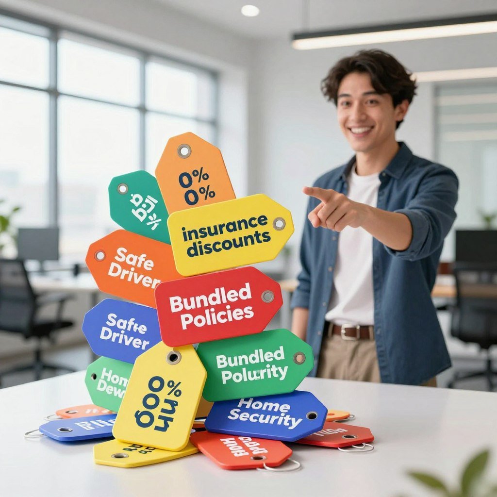 A visually engaging illustration representing "insurance discounts." In the foreground, a stack of colorful, large tags labeled with various discounts like "Safe Driver," "Bundled Policies," and "Home Security" arranged in an inviting spiral. The middle ground features a cheerful, professional-looking person in smart casual attire, pointing toward the tags, embodying enthusiasm about savings. In the background, a sleek, modern office environment with natural light streaming through large windows, creating a bright, optimistic atmosphere. The composition emphasizes clarity and focus on the discount tags, with a soft blur on the office setting. The mood should convey a sense of knowledge and empowerment regarding financial savings in insurance.