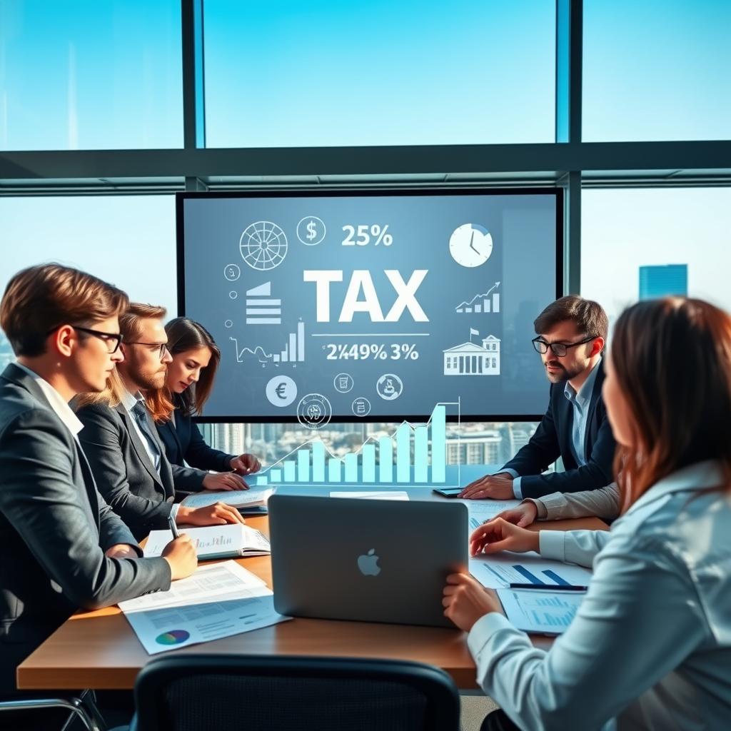 A visually engaging representation of tax considerations for investments, focusing on a modern, sleek office environment. In the foreground, a diverse group of professionals in business attire, including a mix of genders and ethnicities, engaged in a discussion around a table filled with financial documents and a laptop displaying graphs and charts. In the middle, a large digital screen shows animated visuals of tax percentages and investment icons, such as stocks, bonds, and real estate. The background features a panoramic cityscape through large windows, with clear blue skies. Soft, natural lighting filters through, creating a productive and collaborative atmosphere. The angle emphasizes the interaction between the professionals and the digital elements, conveying a sense of importance and focus on financial growth. A visually engaging representation of tax considerations for investments, focusing on a modern, sleek office environment. In the foreground, a diverse group of professionals in business attire, including a mix of genders and ethnicities, engaged in a discussion around a table filled with financial documents and a laptop displaying graphs and charts. In the middle, a large digital screen shows animated visuals of tax percentages and investment icons, such as stocks, bonds, and real estate. The background features a panoramic cityscape through large windows, with clear blue skies. Soft, natural lighting filters through, creating a productive and collaborative atmosphere. The angle emphasizes the interaction between the professionals and the digital elements, conveying a sense of importance and focus on financial growth.