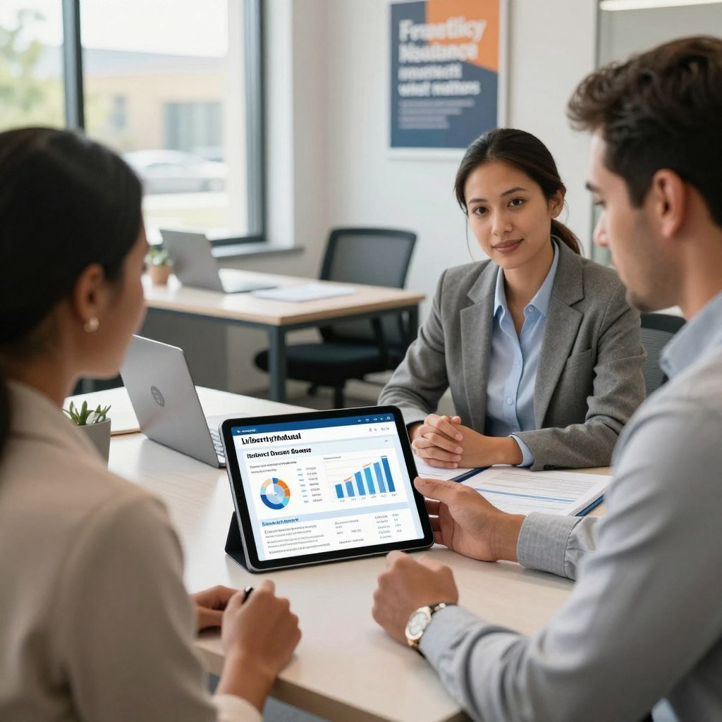 A visually engaging scene depicting a professional insurance advisor, dressed in modest business attire, consulting with a diverse couple in a modern office environment. In the foreground, the advisor is presenting Liberty Mutual insurance quotes on a sleek tablet, with charts and graphs displaying various policy options clearly visible. The middle ground features a stylish office desk with Liberty Mutual branding, papers neatly organized, and a window showing a sunny day outside. The background includes a motivational poster about protecting what matters, adding warmth to the scene. The lighting is bright and inviting, creating a professional and trustworthy atmosphere. The perspective is slightly angled, enhancing depth and focus on the interaction, while conveying a sense of assistance and professionalism.