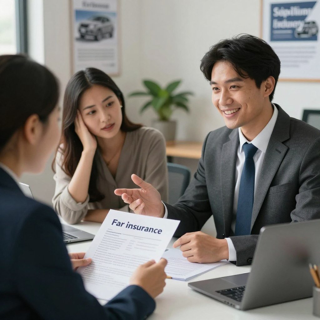 A visually engaging scene depicting a professional insurance agent sitting at a desk, discussing affordable car insurance solutions with a diverse couple, appearing relieved and happy. In the foreground, the agent is dressed in a smart business suit, surrounded by paperwork and a laptop. In the middle ground, the couple is wearing modest casual clothing, expressing interest and optimism as they review policy options. The background features a well-organized office with motivational posters about financial security and a potted plant, creating a welcoming atmosphere. Soft, warm lighting enhances the mood, while a shallow depth of field focuses on the interaction, evoking feelings of trust and reassurance in financial planning. A visually engaging scene depicting a professional insurance agent sitting at a desk, discussing affordable car insurance solutions with a diverse couple, appearing relieved and happy. In the foreground, the agent is dressed in a smart business suit, surrounded by paperwork and a laptop. In the middle ground, the couple is wearing modest casual clothing, expressing interest and optimism as they review policy options. The background features a well-organized office with motivational posters about financial security and a potted plant, creating a welcoming atmosphere. Soft, warm lighting enhances the mood, while a shallow depth of field focuses on the interaction, evoking feelings of trust and reassurance in financial planning.