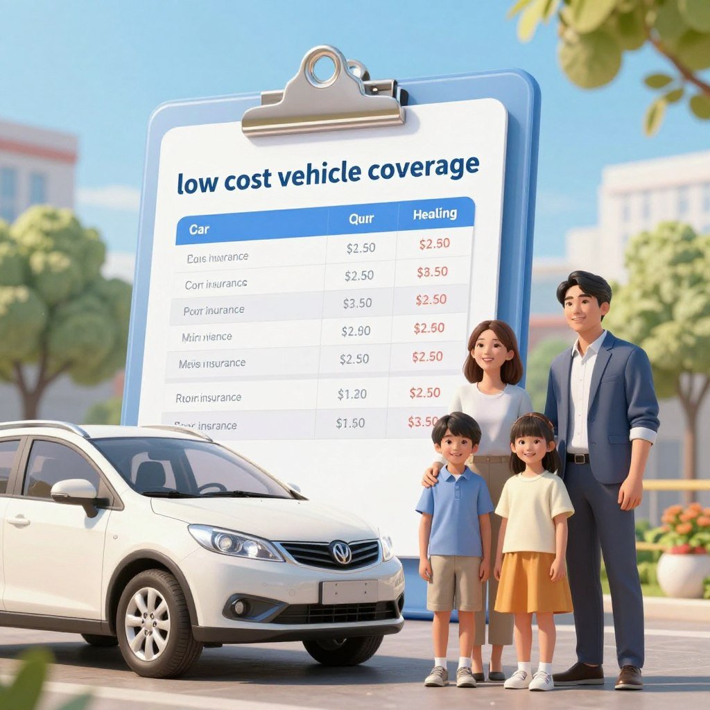 A visually engaging scene depicting the concept of "low cost vehicle coverage" in a balanced composition. In the foreground, a cheerful family stands next to a modest, well-maintained car, showcasing affordability. The middle ground features a large, transparent clipboard displaying various car insurance quotes, emphasizing comparison. In the background, a bright, sunny day enhances the mood, with trees and a clear blue sky, symbolizing optimism and clarity. The lighting is warm and inviting, creating a sense of trust and reliability. Use a slightly angled perspective to emphasize depth, ensuring the family appears approachable and relatable, dressed in professional yet casual attire. The overall atmosphere should feel positive and encouraging, reflecting the theme of saving on car insurance premiums.