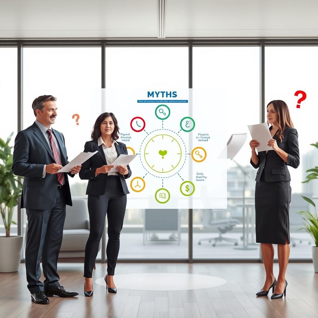 A visually engaging scene illustrating common myths about life insurance payouts. In the foreground, a diverse group of three professionals in business attire—one man in a suit and tie, a woman in a smart blouse and blazer, and a woman in a tailored dress—are engaged in a discussion, each holding documents symbolizing myths (e.g., "Payouts are always delayed," "Only wealthy need insurance"). In the middle ground, a large infographic-style depiction with myth icons like clocks, money signs, and question marks, surrounded by clear, bright lighting. The background features a sleek, modern office with large windows allowing natural light to pour in, creating a sense of clarity and trustworthiness. The mood is informative and thought-provoking, perfect for the article's focus.