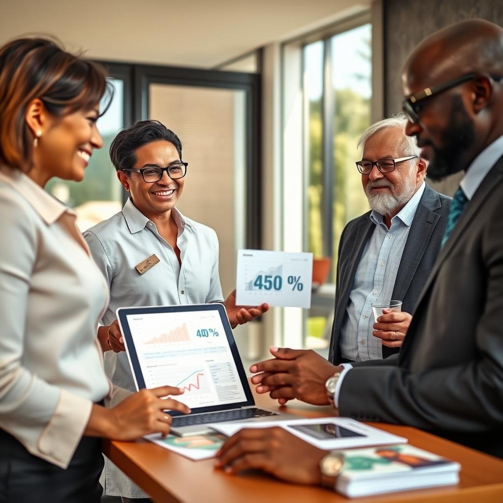 A visually engaging scene illustrating life insurance discounts. In the foreground, a diverse group of three professionals—a middle-aged Caucasian woman, a young Hispanic man, and an older Black man—are discussing savings opportunities. They are dressed in smart business attire, holding digital devices displaying graphs and percentages. In the middle ground, a stylish office environment features a desk with insurance brochures and a laptop open to a savings calculator. The background shows a window with a bright, sunny day outside, suggesting positivity and optimism. Soft, natural lighting highlights the scene, creating a warm and inviting atmosphere. The image should communicate professionalism, trust, and the benefits of finding the best insurance rates.