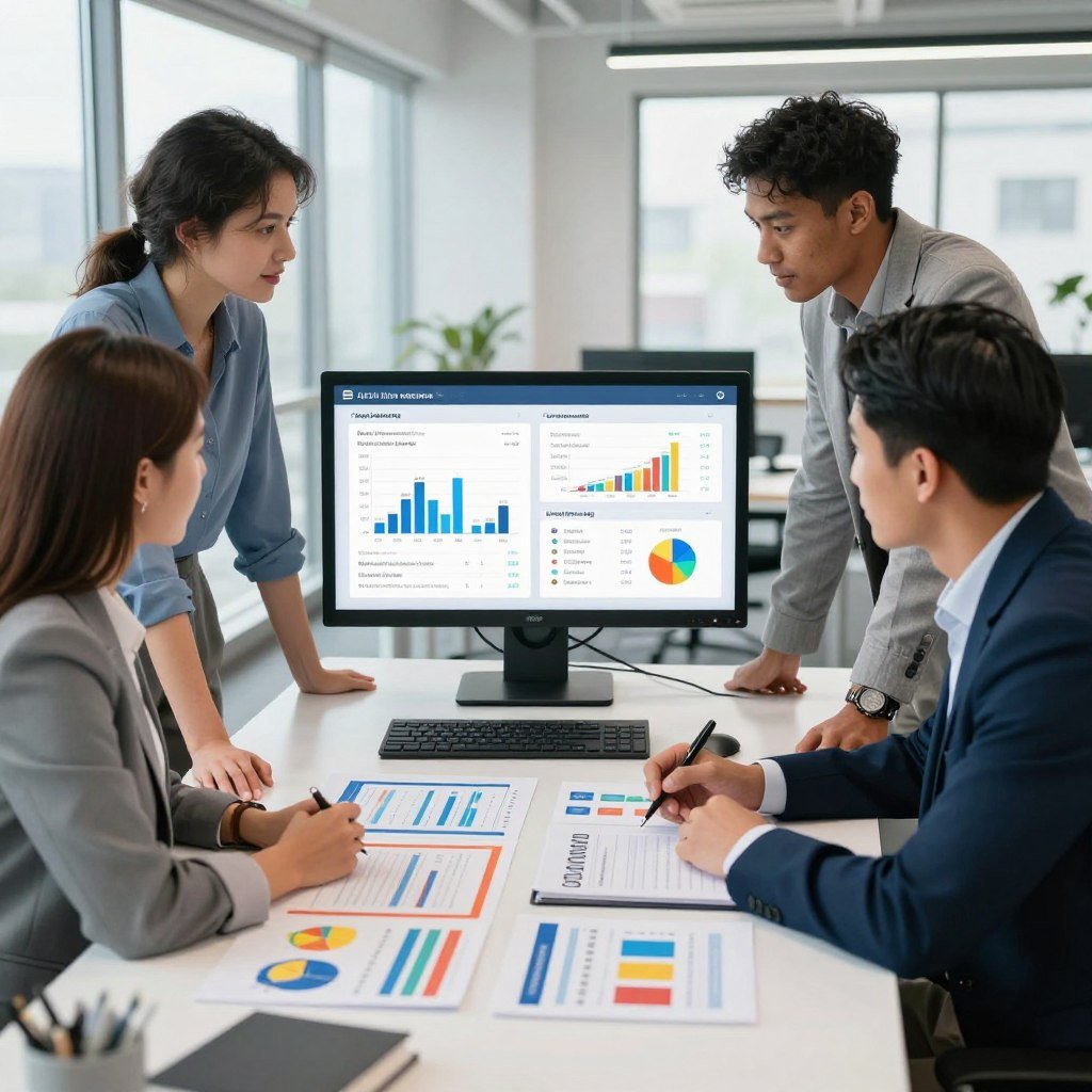 A visually engaging scene of a modern office setting to symbolize comparing auto insurance quotes. In the foreground, a diverse group of three professionals—one Caucasian woman, one Black man, and one Asian man—all dressed in smart casual attire, are gathered around a sleek, contemporary desk covered with color-coded charts and digital devices showing various insurance quotes. In the middle ground, a large monitor displays side-by-side comparisons of policies, featuring graphs and key statistics. The background reveals a bright, airy office with large windows letting in natural light, creating an inviting atmosphere. The overall mood is focused and collaborative, emphasizing efficiency in decision-making. The composition is captured from a slight angle to add depth, drawing viewers' attention to the action taking place.