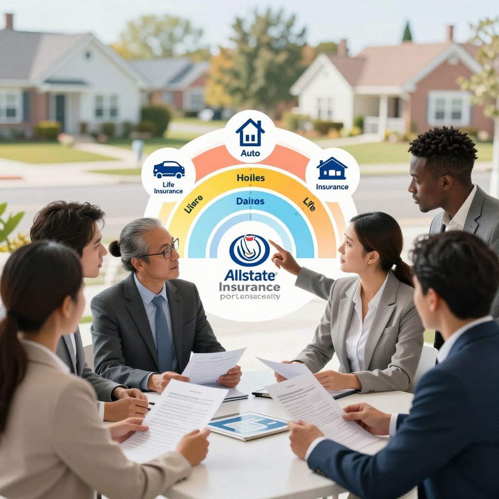 A visually informative and appealing illustration representing Allstate insurance coverage options. In the foreground, a diverse group of professional individuals in business attire discussing insurance paperwork, with one person pointing to an illustrated coverage chart. The middle ground features a colorful, clear diagram or chart categorizing various coverage types, such as auto, home, renters, and life insurance, with icons symbolizing each type. The background is a soft, blurred image of a cozy suburban neighborhood, suggesting safety and community. Bright, natural lighting creates an inviting atmosphere, and the scene is captured from a slightly elevated angle, emphasizing the interaction among the individuals and the visual coverage chart.