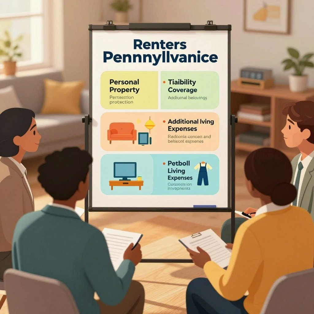 A visually informative illustration depicting renters insurance coverage options in Pennsylvania. In the foreground, display a diverse group of individuals in professional business attire engaging in a discussion, with a colorful infographic board highlighting key coverage aspects such as personal property protection, liability coverage, and additional living expenses. In the middle, represent various items like furniture, electronics, and clothing to symbolize personal belongings covered by insurance. The background should feature a cozy apartment setting with warm, inviting lighting to create a safe and protective atmosphere. Use a slightly elevated angle to capture the scene effectively, showcasing both the individuals and the coverage options in detail, aiming for a positive and reassuring mood.