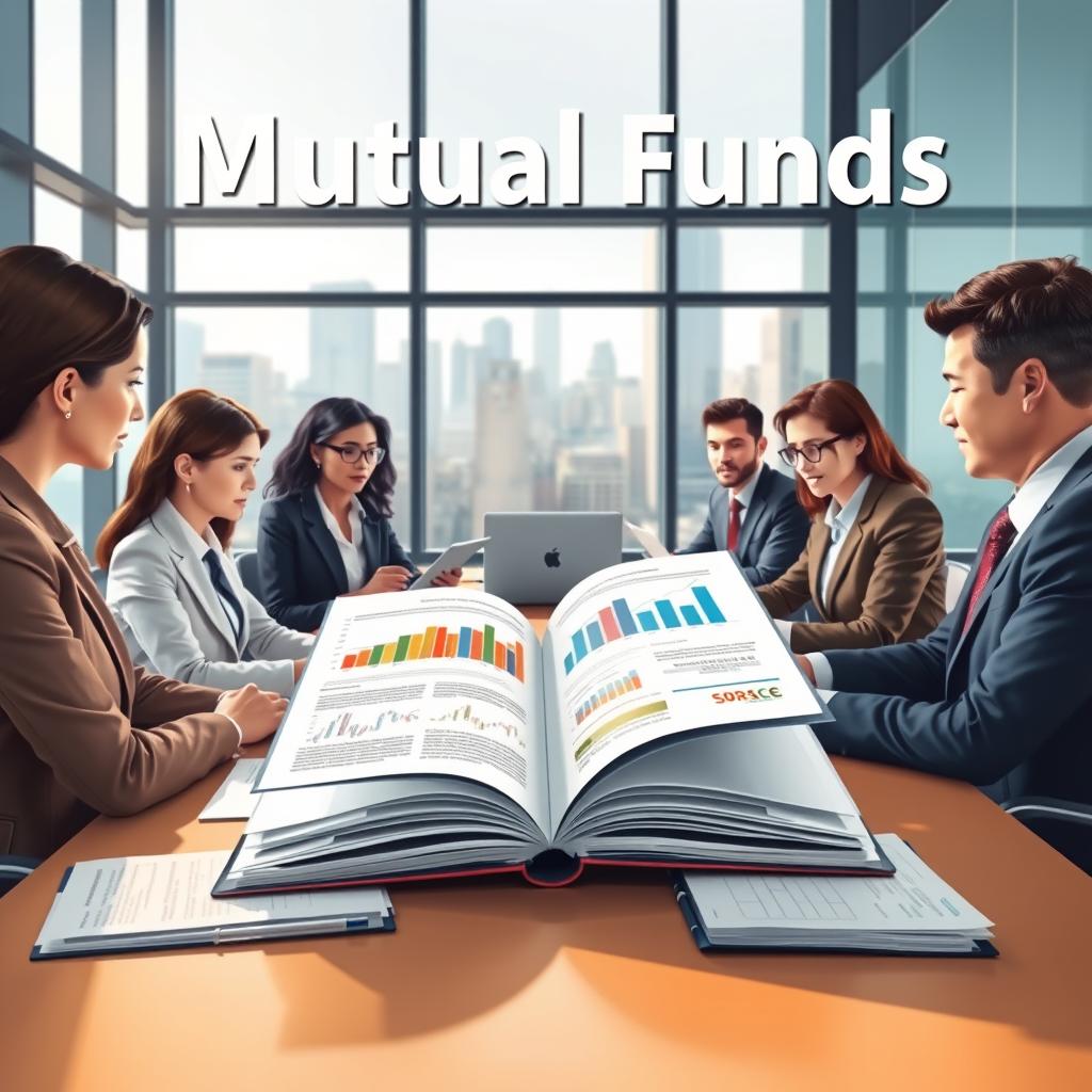A visually striking and informative illustration representing "mutual funds regulation" focused on disclosure and reporting obligations. In the foreground, a diverse group of professionals in business attire are engaged in a serious discussion at a conference table, surrounded by financial documents and laptops. In the middle, an open binder displays colorful graphs and charts, symbolizing financial transparency and data analysis. In the background, a modern office setting with large windows reveals a city skyline, suggesting a bustling financial district. The scene is illuminated with soft, natural light filtering through the windows, creating a professional and focused atmosphere. The camera angle is slightly elevated, emphasizing the importance of compliance and regulation in the investment industry.