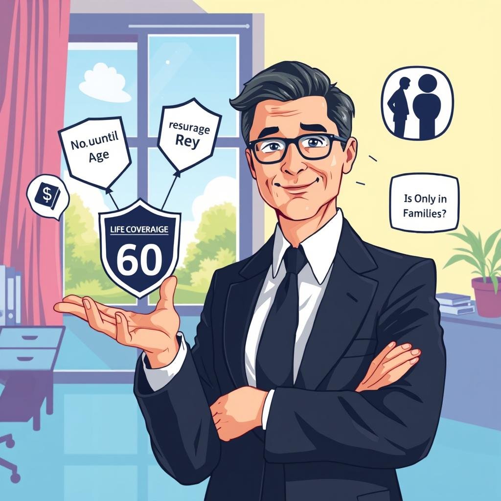 A visually striking illustration depicting the theme of common myths about life insurance coverage. In the foreground, a confident and professional person in business attire gestures towards floating icons that symbolize various myths, such as a shield labeled 'No Coverage Until Age 60' and a family silhouette next to 'Life Insurance is Only for Families'. The middle ground features a vivid, detailed backdrop of a calm office setting, with a window showing a bright, reassuring day outside. Soft, natural lighting filters through, casting gentle shadows. The overall mood is informative and enlightening, inviting viewers to rethink and engage with misconceptions about life insurance. The focus should convey clarity and professionalism, ensuring all elements are safe for work and appropriate.