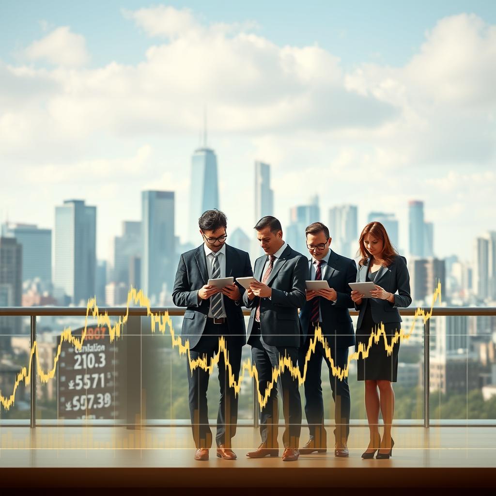 A visually striking illustration of the impact of economic conditions on bonds, featuring a sophisticated financial graph in the foreground, displaying fluctuating bond yield curves. In the middle ground, a diverse group of business professionals in formal attire, including both men and women, engaged in discussion while analyzing financial data on tablets. In the background, a city skyline symbolizing economic activity with a mix of modern skyscrapers and economic indicators such as inflation rates or interest rate signs. The atmosphere is tense but focused, highlighting the seriousness of investment decisions. Soft natural lighting enhances the environment, reflecting a dynamic workspace, captured from a slightly elevated angle to provide a comprehensive view of the scene. A visually striking illustration of the impact of economic conditions on bonds, featuring a sophisticated financial graph in the foreground, displaying fluctuating bond yield curves. In the middle ground, a diverse group of business professionals in formal attire, including both men and women, engaged in discussion while analyzing financial data on tablets. In the background, a city skyline symbolizing economic activity with a mix of modern skyscrapers and economic indicators such as inflation rates or interest rate signs. The atmosphere is tense but focused, highlighting the seriousness of investment decisions. Soft natural lighting enhances the environment, reflecting a dynamic workspace, captured from a slightly elevated angle to provide a comprehensive view of the scene.