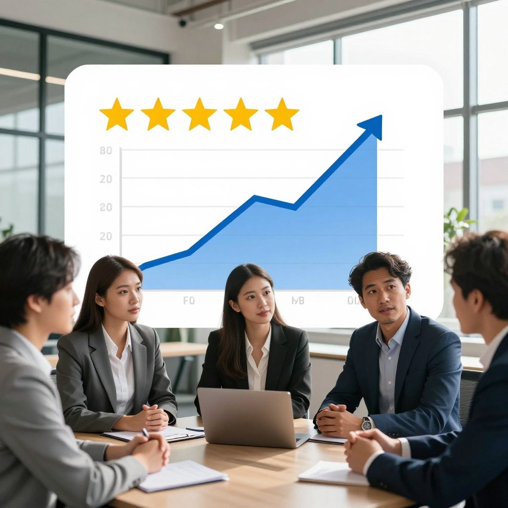 A visually striking image depicting a vibrant consumer review scene representing Liberty Mutual insurance. In the foreground, several confident individuals—diverse in gender and ethnicity—dressed in professional business attire, are engaged in a discussion, with evaluating expressions on their faces. In the middle ground, a large, stylized graphic chart displays positive growth, accompanied by five-star ratings symbolizing satisfaction. The background features a modern office setting with large windows flooding the scene with natural daylight, creating a warm and inviting atmosphere. Soft shadows add depth, while a slight blur around the edges emphasizes the conversation's focus. The overall mood exudes trust, reliability, and positive engagement associated with Liberty Mutual’s reputation in homeowners insurance.