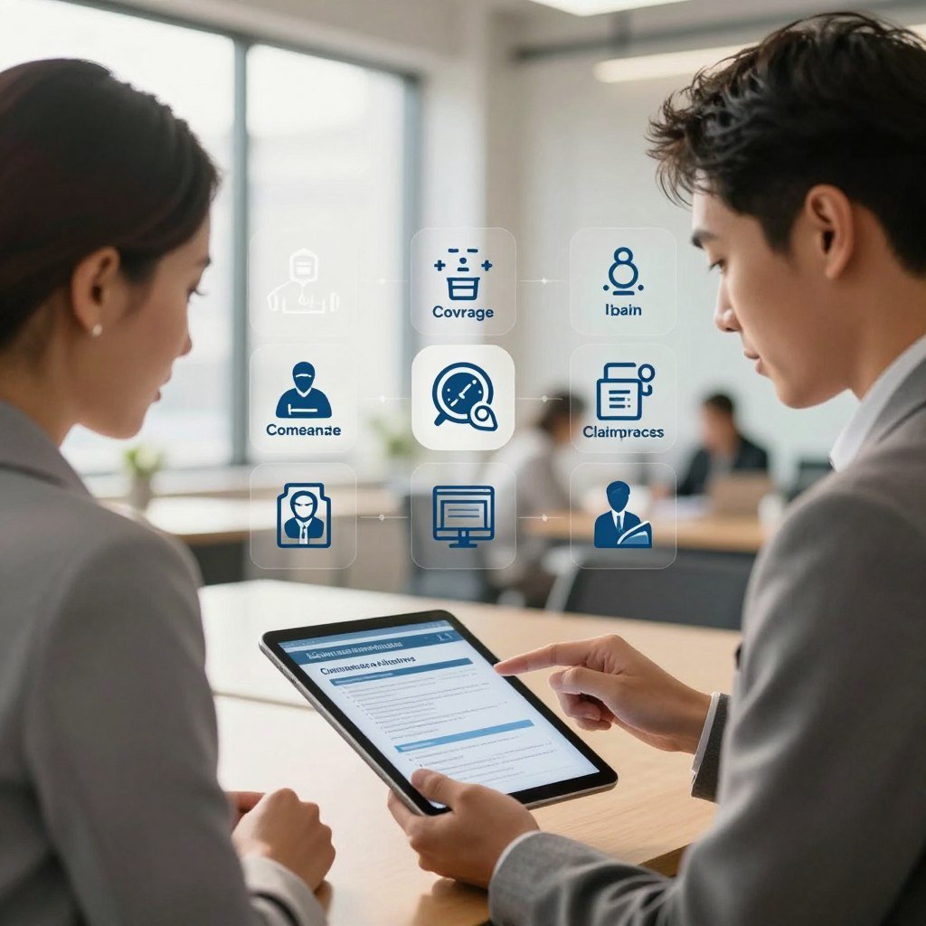 A visually striking image depicting the key factors to consider when choosing an insurance policy. In the foreground, a professional man and woman in business attire are discussing over a digital tablet, reviewing various policy options and documents. In the middle, an organized collection of icons representing key factors like cost, coverage options, customer service, and claim process are displayed as infographics. The background features a modern office setting with soft, natural lighting filtering in through large windows, adding a warm and inviting atmosphere. The lens should capture a slight depth of field, keeping the focus on the discussion while gently blurring the background elements. The mood should be one of professionalism and clarity, encouraging thoughtful decision-making.