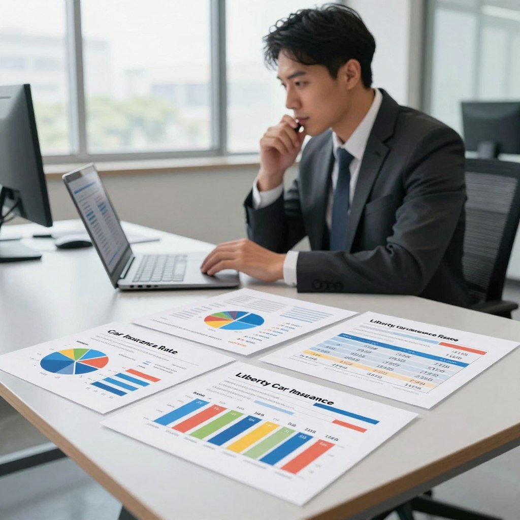 A visually striking scene that captures the concept of comparing car insurance rates, featuring a sleek, modern office desk in the foreground with various colorful charts and graphs showcasing Liberty car insurance rates alongside competitors. The middle ground displays a professional-looking individual in business attire, analyzing the data intently, with a laptop open displaying rate comparisons. Surrounding this setting, the background reveals a bright, well-lit office space with large windows letting in natural light, conveying a sense of clarity and professionalism. The mood is analytical and informative, with a slight sense of urgency as the individual browses through information about affordable car insurance options. The composition is sharp with a focus on the details of the comparison sheets, highlighting the differences in rates.