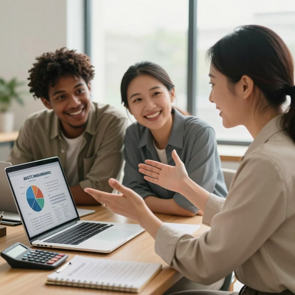 A warm and inviting office environment showcasing a professional insurance agent sitting at a desk, energetically discussing savings with a diverse couple, both in modest business attire. The agent, a middle-aged woman, is animatedly gesturing towards a laptop display showing pie charts and graphs symbolizing auto insurance discounts. In the foreground, a calculator and a notepad with scribbled notes are visible. In the middle, the couple, appearing engaged and excited about the potential savings, are leaning forward with smiles on their faces. The background features a large window with natural light streaming in, illuminating the scene and softening the overall atmosphere. The mood is one of optimism and empowerment, portraying a positive customer experience. A warm and inviting office environment showcasing a professional insurance agent sitting at a desk, energetically discussing savings with a diverse couple, both in modest business attire. The agent, a middle-aged woman, is animatedly gesturing towards a laptop display showing pie charts and graphs symbolizing auto insurance discounts. In the foreground, a calculator and a notepad with scribbled notes are visible. In the middle, the couple, appearing engaged and excited about the potential savings, are leaning forward with smiles on their faces. The background features a large window with natural light streaming in, illuminating the scene and softening the overall atmosphere. The mood is one of optimism and empowerment, portraying a positive customer experience.