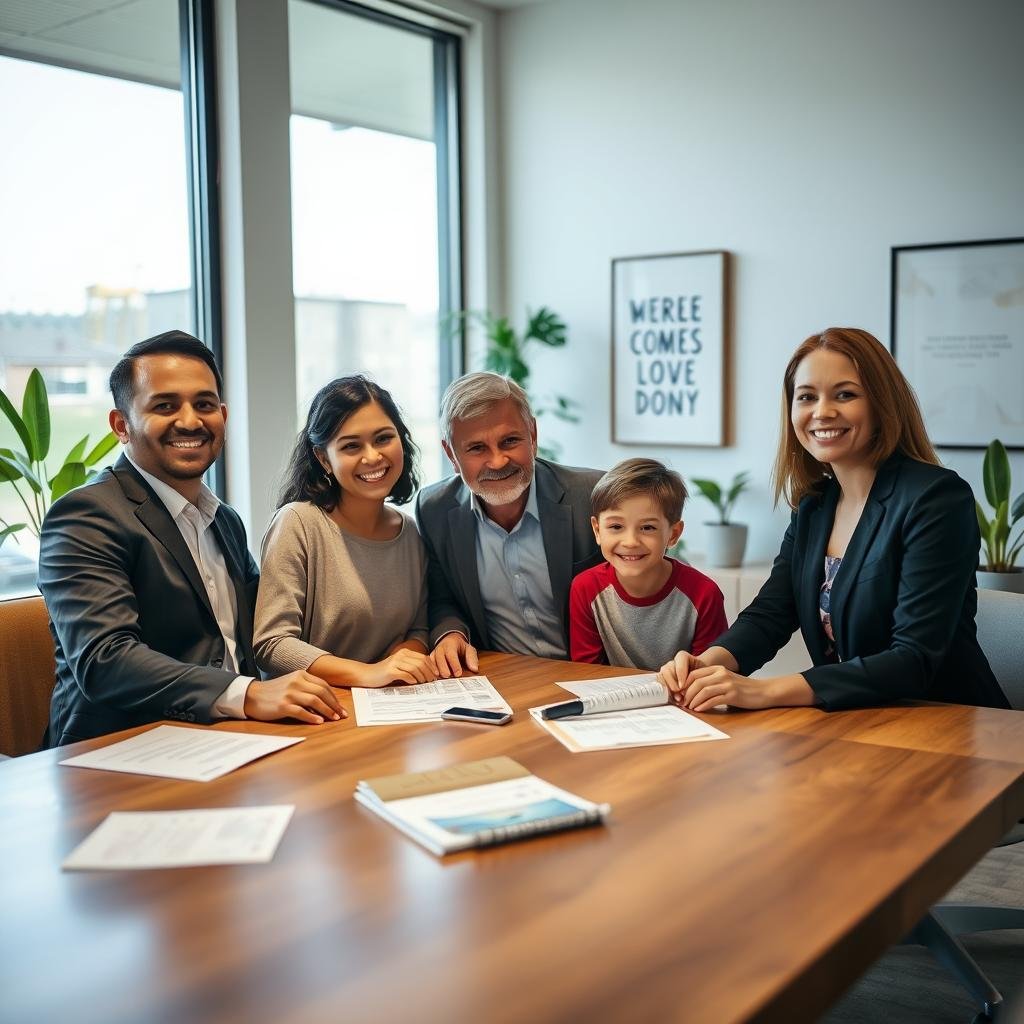 A warm, inviting office environment subtly illuminated by natural light filtering through large windows. In the foreground, a diverse family of four — a father in a professional suit, a mother in modest business attire, and two children, all smiling and looking content, gathered around a wooden table with paperwork and financial brochures. In the middle ground, a friendly insurance advisor, also in professional attire, is attentively discussing options with the family. The background features a modern office aesthetic with potted plants and motivational artwork on the walls, creating a sense of security and trust. The overall atmosphere is optimistic and reassuring, emphasizing the importance of safeguarding loved ones through life insurance. A warm, inviting office environment subtly illuminated by natural light filtering through large windows. In the foreground, a diverse family of four — a father in a professional suit, a mother in modest business attire, and two children, all smiling and looking content, gathered around a wooden table with paperwork and financial brochures. In the middle ground, a friendly insurance advisor, also in professional attire, is attentively discussing options with the family. The background features a modern office aesthetic with potted plants and motivational artwork on the walls, creating a sense of security and trust. The overall atmosphere is optimistic and reassuring, emphasizing the importance of safeguarding loved ones through life insurance.