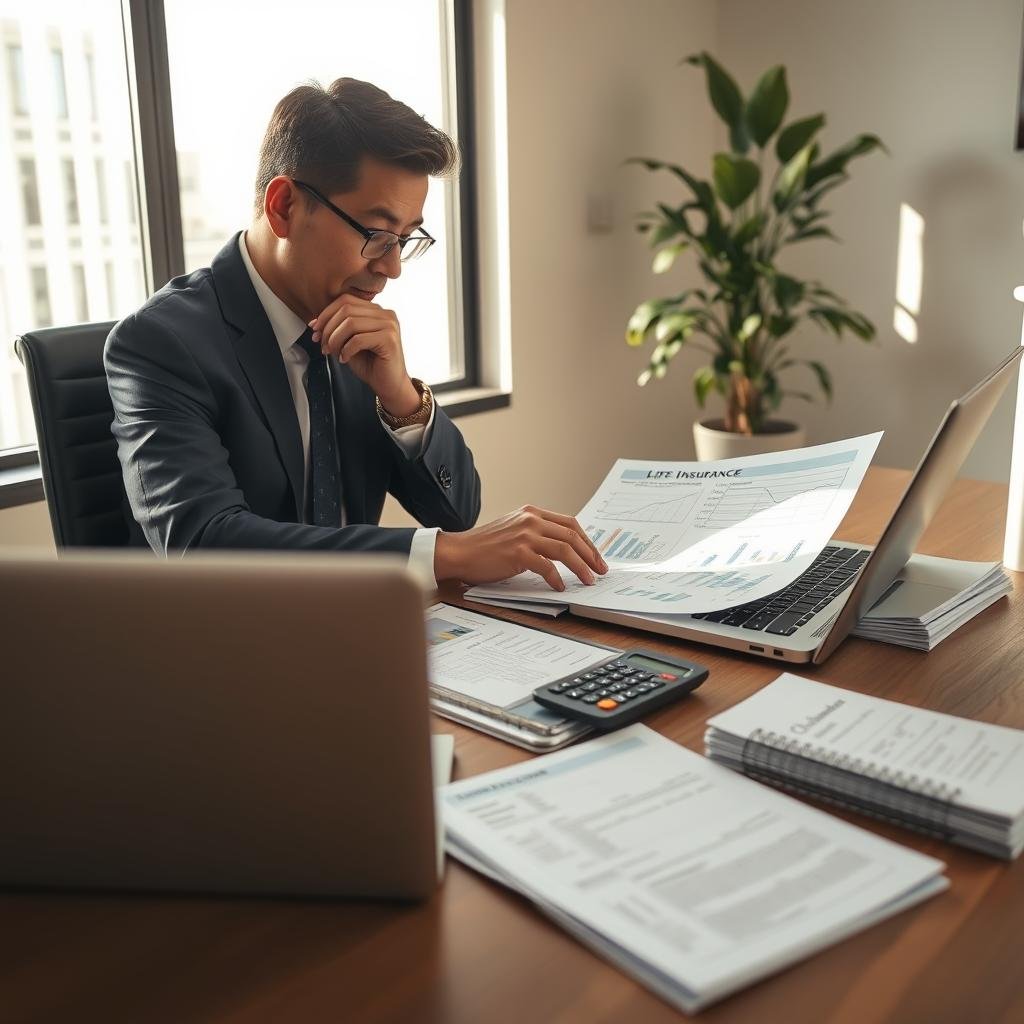 A well-organized office setting depicting a thoughtful professional seated at a desk, analyzing a variety of life insurance documents and charts. In the foreground, an open laptop displays graphs and financial planning tools. In the middle, a few stacks of brochures about life insurance options are neatly arranged alongside a calculator and a notepad filled with handwritten notes. The background showcases a large window allowing natural light to illuminate the space, casting a warm, inviting glow. A potted plant adds a touch of greenery, enhancing the atmosphere of calm focus and determination. The scene encapsulates the importance of assessing personal insurance needs, with the individual dressed in smart business attire, exuding professionalism and care.