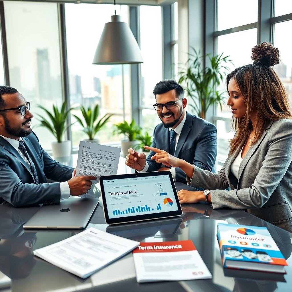 A well-organized office setting depicting the term life insurance application process. In the foreground, a diverse group of three professionals in polished business attire—two men and one woman—sitting at a sleek conference table. One is filling out an application form, while another explains the document, pointing to key sections. The middle ground features documents, a laptop displaying graphs and insurance details, and a brochure titled 'Term Life Insurance'. In the background, a large window allows soft natural light to fill the room, illuminating modern decor, plants, and a city skyline. The atmosphere is focused and collaborative, conveying trust and professionalism in a financial service environment. The image should capture a sense of clarity, purpose, and teamwork, with vibrant yet calm colors.