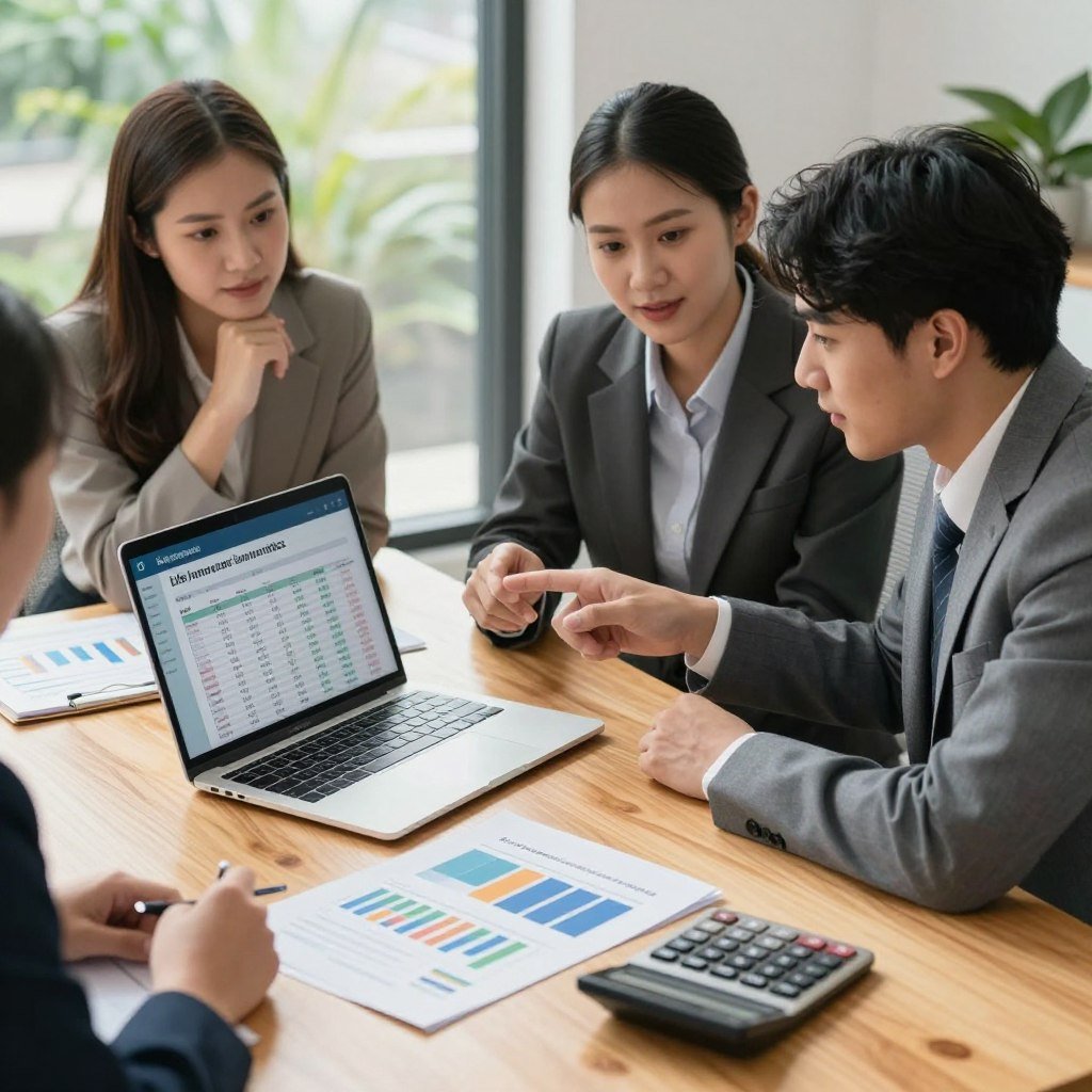 A well-organized office setting, featuring a modern wooden desk in the foreground with a laptop displaying life insurance coverage calculations. On the desk, there are color-coded charts and financial documents, along with a sleek calculator. In the middle ground, a diverse group of three professionals in business attire, two women and one man, are engaged in discussion, pointing at the laptop screen with focused expressions, emphasizing collaboration. Soft, warm lighting creates a welcoming atmosphere, while a large window in the background allows natural light to filter in, illuminating greenery outside. The angle is slightly overhead, capturing the vibrant colors of the documents and the engaged faces of the professionals, conveying a sense of trust and forward-thinking regarding family protection through life insurance.