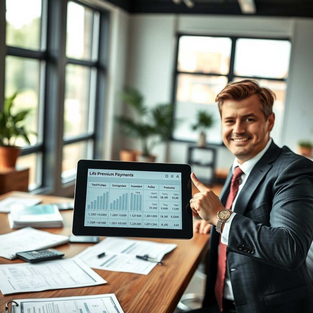 A well-organized office setting representing life insurance premium payment options. In the foreground, a business professional in smart attire confidently gestures towards a digital tablet displaying various premium payment plans with clear graphs and charts. The middle layer features a stylish wooden desk cluttered with financial documents and a calculator, subtly indicating the importance of financial planning. In the background, a bright window allows natural light to flood the room, creating an inviting and productive atmosphere. The overall mood is focused and professional, emphasizing trust and clarity in financial decisions. The lighting is soft but sufficient, with a slight bokeh effect to keep the attention on the subjects.