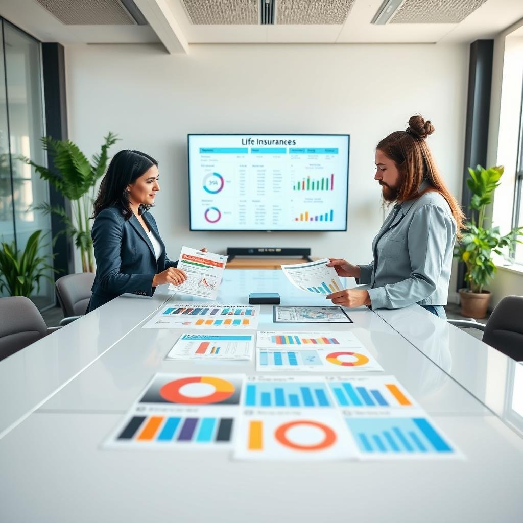 A well-organized office setting showcasing life insurance premiums with a focus on visual clarity and professionalism. In the foreground, a diverse group of three individuals—two wearing smart business attire and one in modest casual clothing—are gathered around a sleek, modern conference table, examining colorful charts and documents that outline various premium options. In the middle ground, a large screen displays key statistics and graphs about life insurance costs. The background features a bright, airy office with large windows and plants, creating an inviting environment. Soft, natural light illuminates the scene, enhancing the serious yet optimistic atmosphere of financial planning and future security. Use a wide-angle lens to capture the dynamics of the group and their engaging discussion.