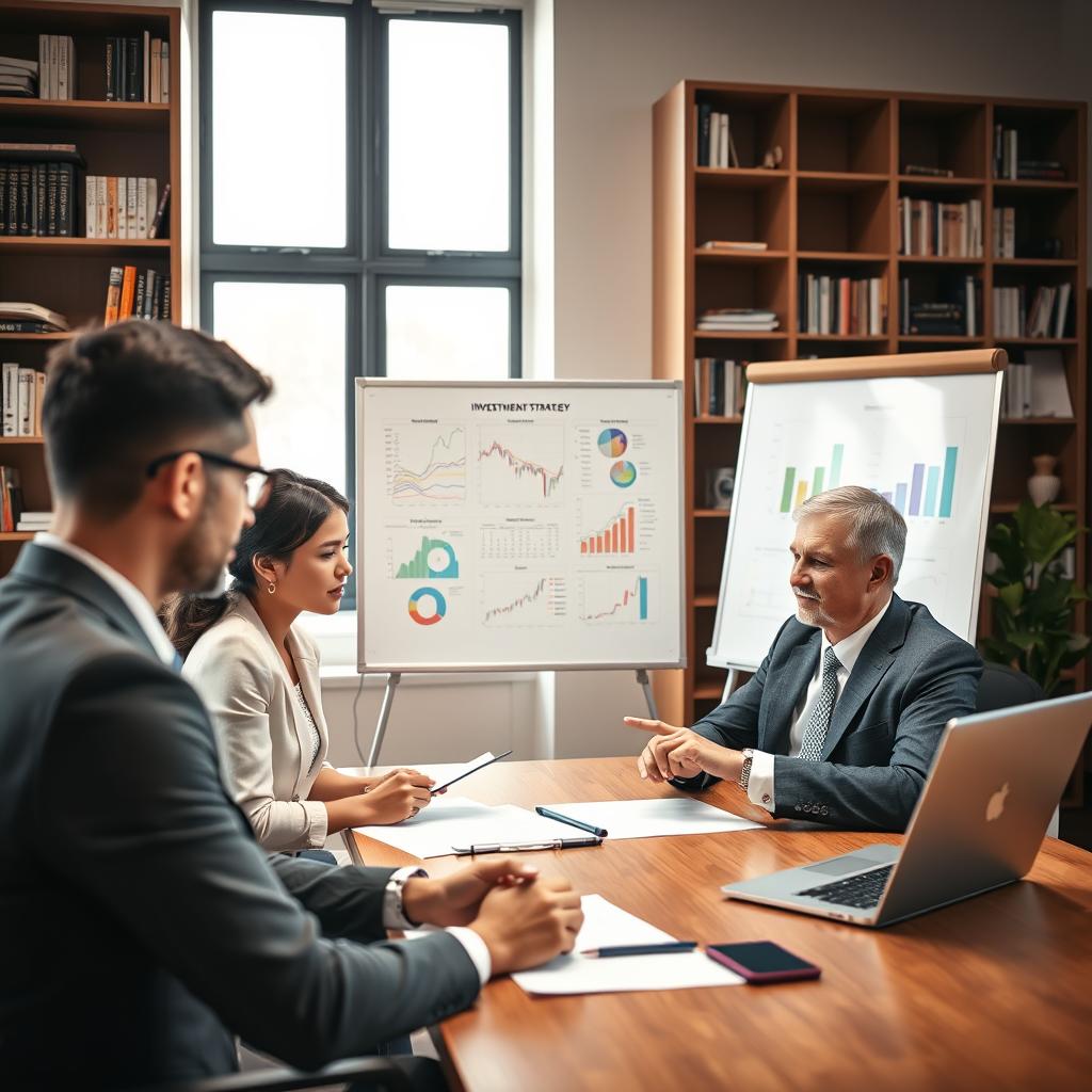 A well-organized office space depicting a professional investment advisor working with a client. In the foreground, a focused middle-aged man in a tailored suit is seated at a sleek wooden desk, reviewing financial charts and graphs on a laptop. The advisor is engaged, pointing at specific data while the client, a young woman in business casual attire, is attentively listening, taking notes. The middle ground features a large window with natural light pouring in, illuminating a whiteboard filled with colorful investment strategy diagrams. In the background, bookshelves filled with financial literature and a potted plant add a touch of warmth and professionalism. The atmosphere is collaborative and insightful, emphasizing the importance of customized investment strategies in building financial futures. Soft, even lighting enhances the candid and productive mood of the scene.