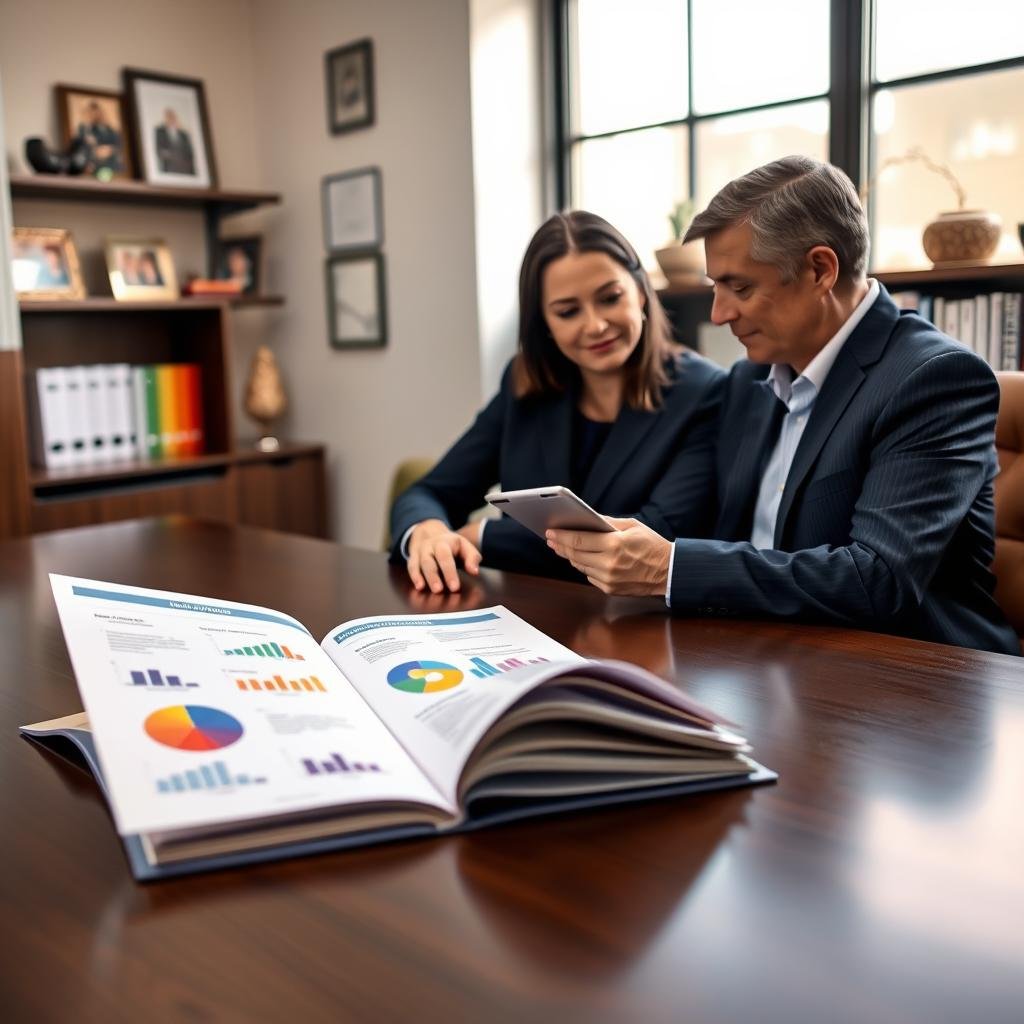 A well-organized office space showcasing the benefits of life insurance in estate planning. In the foreground, a professional couple in business attire are seated at a sleek conference table, examining documents together with focus and engagement. In the middle, an open folder with colorful pie charts and graphs illustrating life insurance benefits, surrounded by a cozy atmosphere with warm lighting. The background features a wall decorated with family photos and a shelf filled with business books, enhancing the feeling of stability and security. Soft natural light filters through a window, casting gentle shadows, creating a calm and reassuring mood. The composition should convey a sense of trust, preparation, and partnership. The image should be professional yet inviting, with no text or distractions.