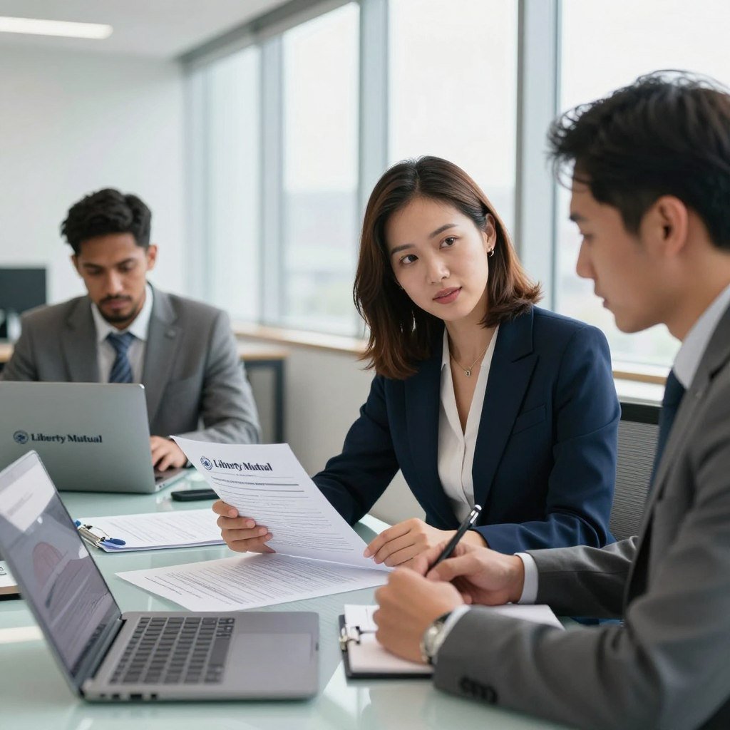 An office scene depicting the Liberty Mutual claims process, with a diverse group of three professional individuals. In the foreground, a woman with medium-length brown hair in a smart navy suit, attentively discussing a claims document with a man in a grey suit, who is taking notes on a laptop. In the middle ground, an open office space featuring a large glass table displaying various insurance forms and a laptop showing the Liberty Mutual logo. The background has tall windows letting in bright, natural light, creating an optimistic and focused atmosphere. The image is captured at eye level, using a soft focus to enhance the professional ambiance while emphasizing collaboration and support within the claims process.