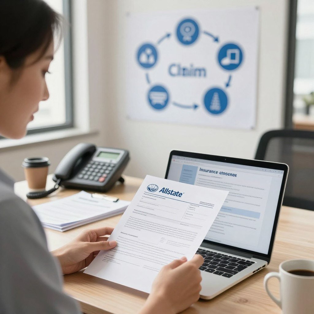 An organized Allstate insurance claim process illustration featuring a close-up of a professional office environment in the foreground. Depict a friendly insurance agent wearing business attire, reviewing a claim form on a laptop, displaying clear and precise details. In the middle ground, include visual elements like a neatly arranged desk with papers, a phone, and a coffee mug. The background should feature an office wall with a chart illustrating steps in the claim process, light streaming in through a window, adding a warm and inviting atmosphere. Use soft lighting to create a calm and efficient mood, capturing the essence of professionalism and customer support. The composition should be framed with a slight angle to enhance depth and engagement.