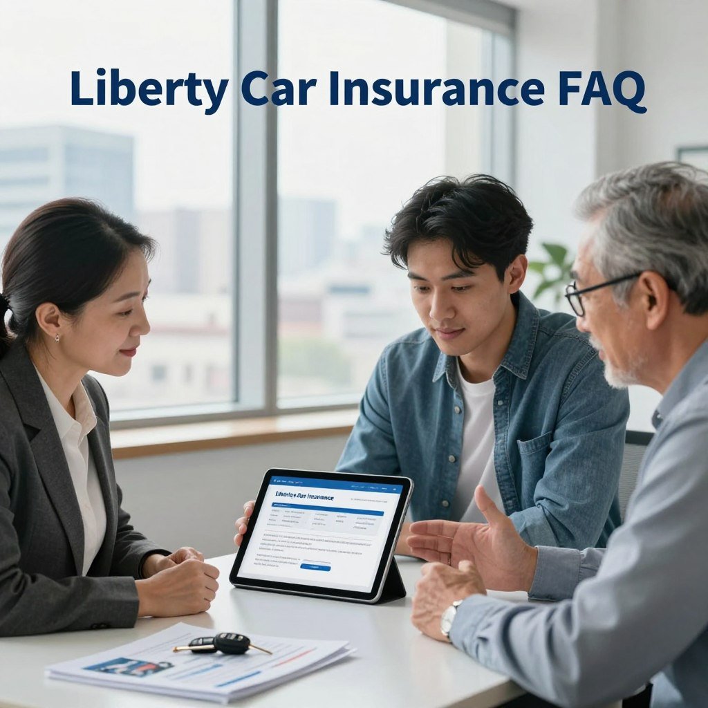 Create a professional and engaging image illustrating "Liberty Car Insurance FAQ." In the foreground, include a diverse group of three individuals: a middle-aged woman in business attire, a young man in smart casual wear, and an older man wearing glasses, all actively discussing and looking at a digital tablet displaying insurance information. In the middle, feature a clean and modern office setting with subtle hints of car insurance themes, like car keys and brochures subtly placed on a sleek desk. In the background, a large window shows a bright day outside, with a city skyline enhancing the professional atmosphere. Use soft, natural lighting to create a welcoming and informative mood, capturing a sense of clarity and trust in the insurance field. Include smooth angles for a polished look.