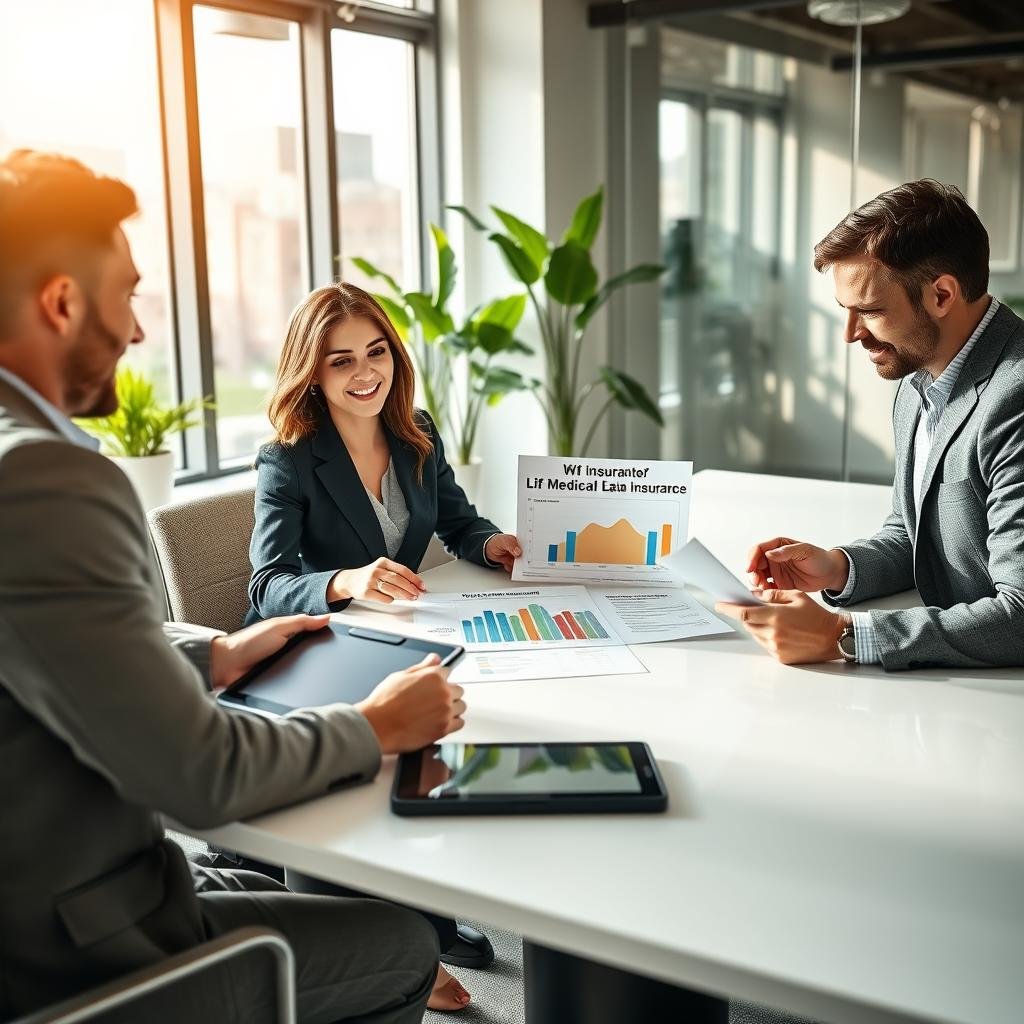 In a bright and inviting office space, a diverse group of three professionals, one woman and two men, are gathered around a sleek conference table. They are engaged in an animated discussion, examining documents and digital tablets that display information related to life insurance. The woman, wearing a smart blazer, is pointing to a chart that illustrates the concept of "No Medical Exam Life Insurance." The men, dressed in business casual attire, are nodding thoughtfully. The background showcases a window with a view of a sunny cityscape, with green plants adding a touch of vibrancy. Soft, natural light filters in, creating a warm and professional atmosphere, captured in a wide-angle shot to convey inclusivity and collaboration.