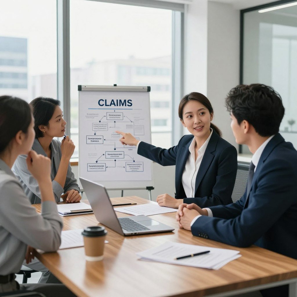 In a well-lit, modern office environment, a professional insurance agent wearing business attire is sitting at a sleek desk, attentively guiding a diverse group of clients through the claims process. The foreground showcases a polished wooden desk with a laptop open, papers neatly arranged, and a coffee cup. In the middle ground, the agent is pointing to a flowchart illustrating the claims process, while clients actively engage with their questions, reflecting hope and clarity. The background features large windows letting in natural light, with cityscape views, emphasizing transparency and trust. The overall atmosphere is supportive and focused, encapsulating the journey of understanding insurance claims effectively.