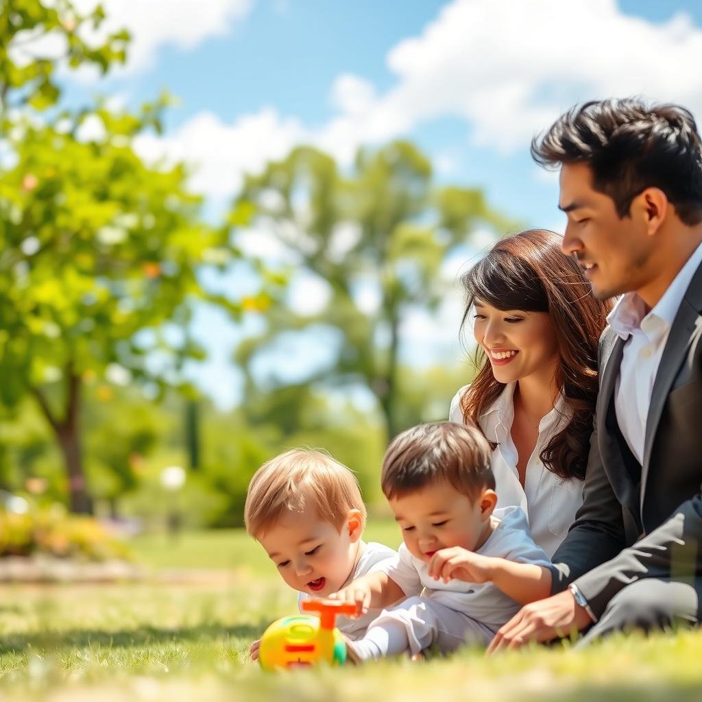 a serene family scene depicting the concept of whole life insurance for children. In the foreground, a diverse couple dressed in professional attire, looking thoughtfully at a small child playing with a colorful toy, symbolizing the innocence and future potential of children. In the middle ground, a bright, sunny park with lush green trees and playful butterflies, enhancing the theme of growth and protection. The background features a clear blue sky with soft, fluffy clouds, conveying a sense of security and optimism. Natural lighting casts warm tones over the scene, creating an inviting atmosphere, while a shallow depth of field focuses on the family, subtly emphasizing their importance in the context of long-term planning and support.