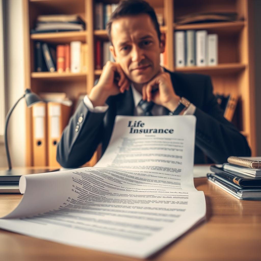 A beautifully organized desk scene featuring a life insurance policy document prominently displayed. In the foreground, the document is partially unfurled, showcasing details like key features and numbers highlighted subtly. In the middle, a pair of hands, wearing elegant business attire, lean towards the document, suggesting engagement and consideration. In the background, a soft-focus bookshelf filled with financial books and personal planners sets a professional atmosphere. Gentle, warm lighting illuminates the scene, creating an inviting yet serious mood, while the angle captures a sense of approachability, as if inviting the viewer to explore their own options. The overall composition conveys a thoughtful decision-making process in selecting the right policy.