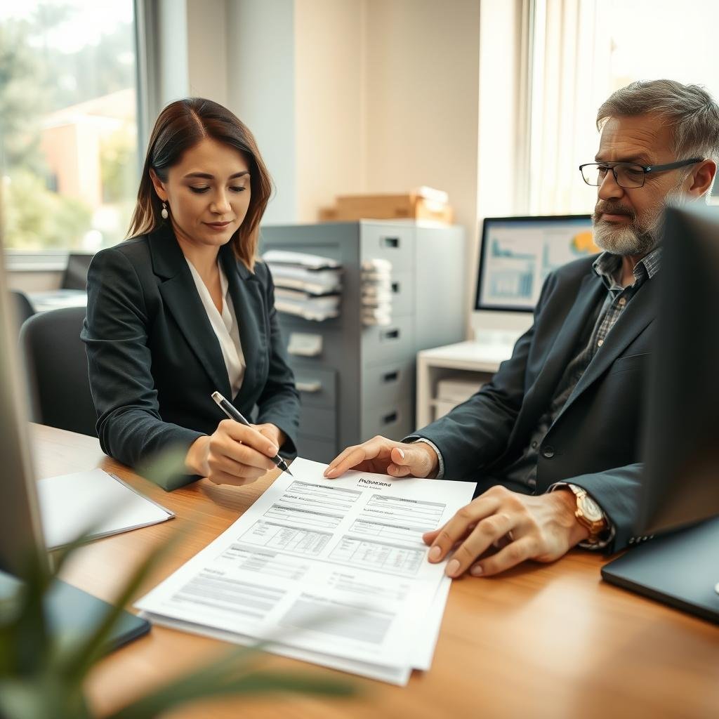 A busy life insurance office scene illustrating the application process. In the foreground, a professional woman in business attire is seated at a desk, carefully reviewing a life insurance application form with a pen in hand. Next to her, a middle-aged man in modest casual clothing looks attentively at her, indicating he is providing information. In the middle ground, a filing cabinet filled with organized documents is visible, along with a computer displaying a financial analysis spreadsheet. The background features a window with soft natural light streaming in, creating a warm and inviting atmosphere. The overall mood is focused and professional, conveying the importance of the life insurance application process. The lens captures the scene in a balanced depth of field, enhancing the clarity of the subjects while softly blurring the background.