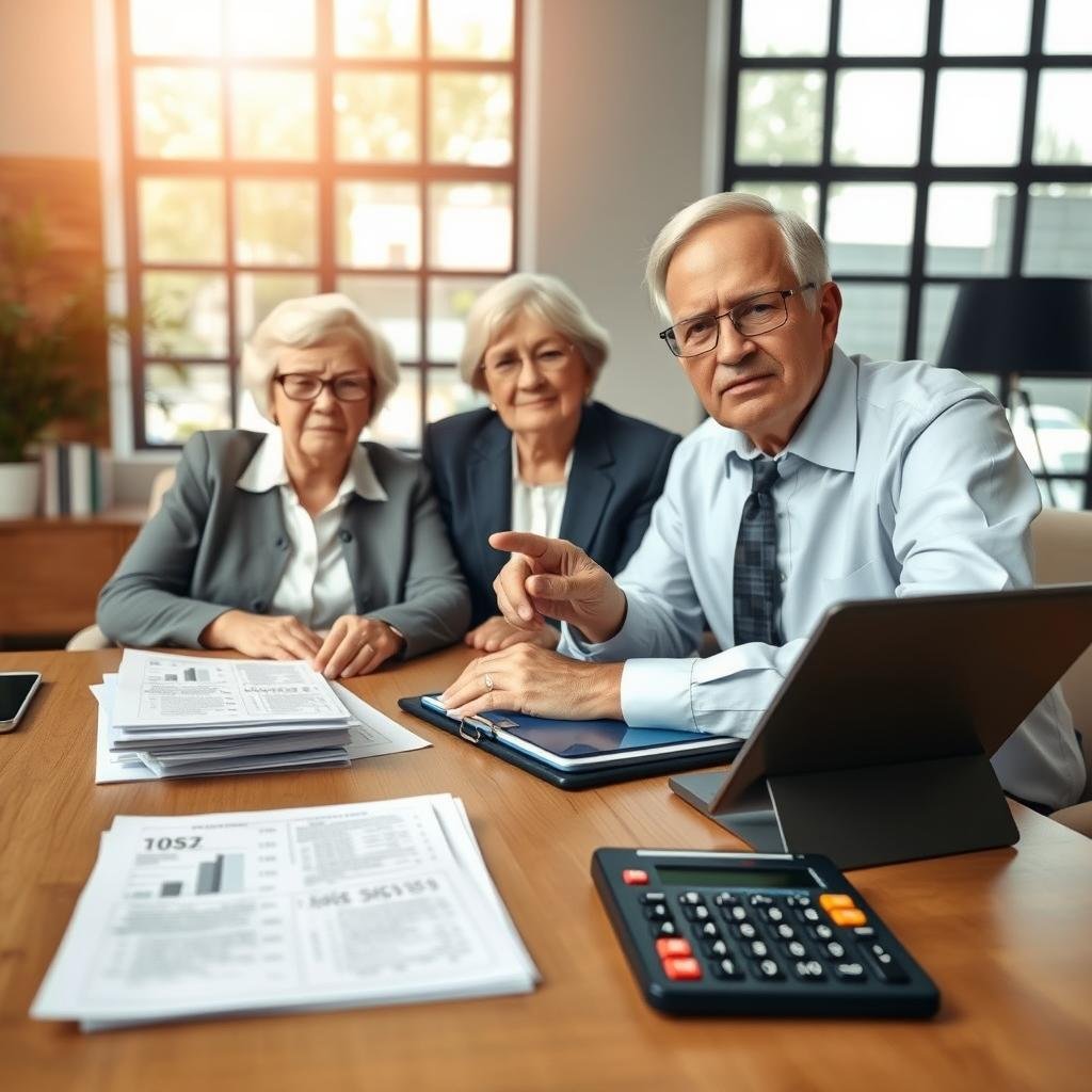 A calm and professional office setting, featuring an elderly couple sitting at a table with a financial advisor, discussing life insurance options. The foreground shows a stack of financial documents and a calculator, symbolizing cost reduction. In the middle, the couple, dressed in modest business attire, appears engaged and thoughtful, while the advisor points to a chart illustrating decreasing costs. The background features an inviting office space with warm natural lighting streaming in through large windows, creating a sense of reassurance and trust. The overall mood is optimistic and supportive, emphasizing empowerment and informed decision-making. The composition should be captured at eye level to foster a sense of connection.