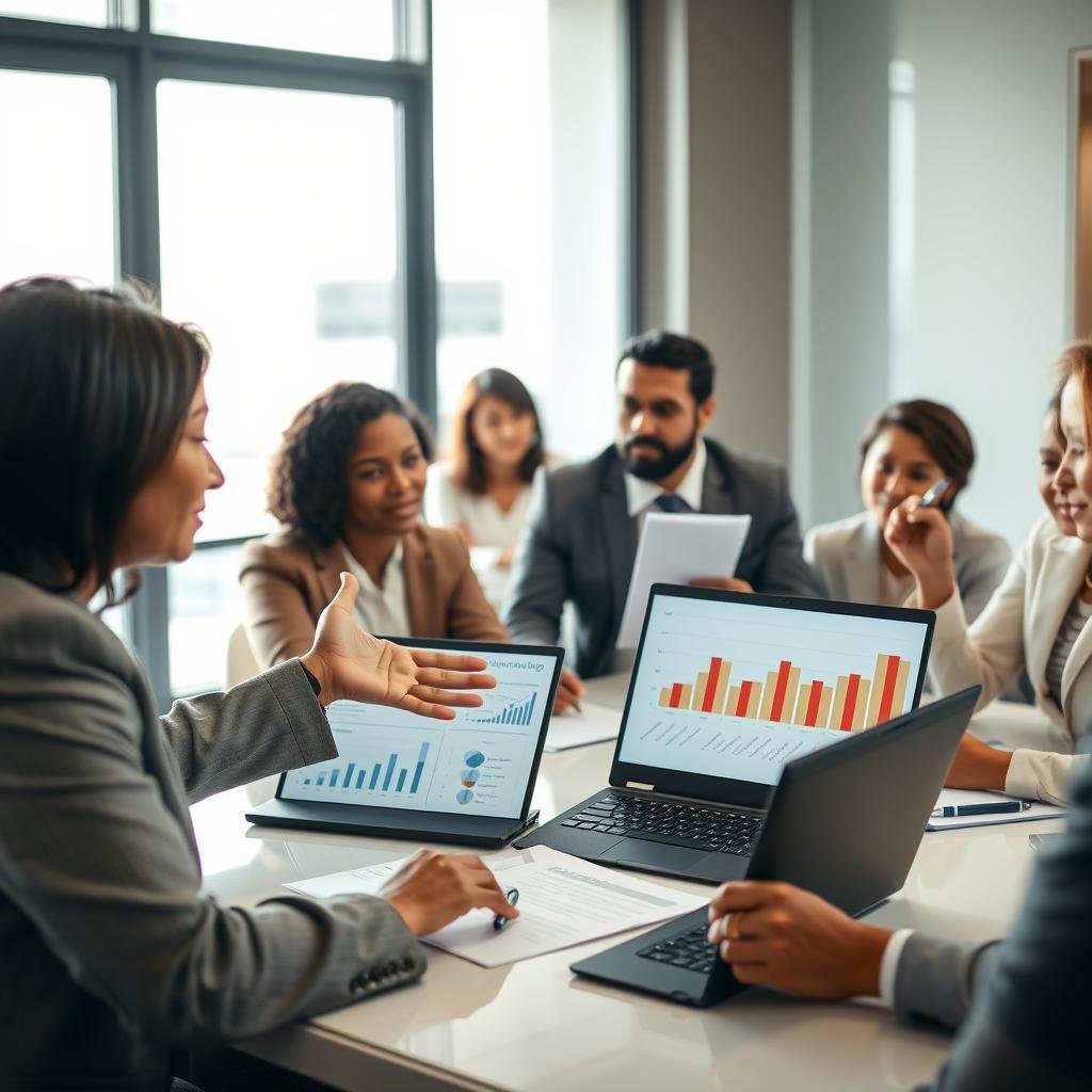 A close-up of a diverse group of professionals discussing permanent life insurance, seated around an elegant conference table. In the foreground, a middle-aged African American woman in a smart business suit is gesturing towards a laptop displaying analytical charts related to insurance premiums. The middle ground features a diverse mix of colleagues, including a Hispanic man and an East Asian woman, engaged in attentive conversation, with pens and notepads in hand. The background shows a well-lit modern office with large windows, allowing natural light to flood in, creating a warm and inviting atmosphere. Use a soft focus effect for a professional presentation, highlighting the collaboration and seriousness of the topic, emphasizing the importance of informed decision-making regarding insurance premiums.