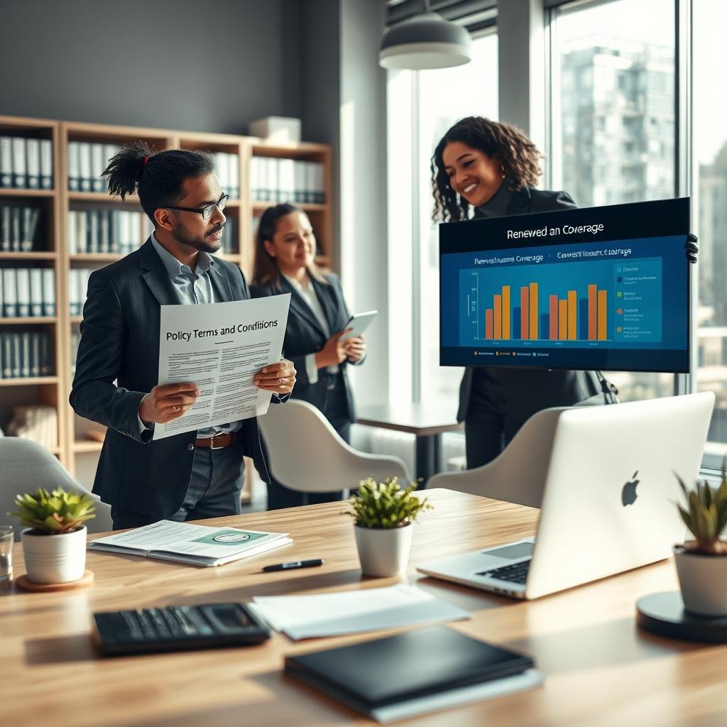 A close-up view of a professional office environment, featuring a diverse group of two individuals in business attire—one analyzing a document titled "Policy Terms and Conditions" while the other points to a digital screen displaying a graphical representation of renewable insurance coverage. In the foreground, a well-organized desk with a laptop, a calculator, and a potted plant creates a sense of professionalism. The middle ground highlights a modern meeting table surrounded by comfortable chairs, with natural light streaming through large windows, casting soft shadows. In the background, shelves filled with books on finance and insurance emphasize knowledge and trust. The atmosphere is focused and conducive to understanding complex topics, conveying a sense of reliability and clarity. A close-up view of a professional office environment, featuring a diverse group of two individuals in business attire—one analyzing a document titled "Policy Terms and Conditions" while the other points to a digital screen displaying a graphical representation of renewable insurance coverage. In the foreground, a well-organized desk with a laptop, a calculator, and a potted plant creates a sense of professionalism. The middle ground highlights a modern meeting table surrounded by comfortable chairs, with natural light streaming through large windows, casting soft shadows. In the background, shelves filled with books on finance and insurance emphasize knowledge and trust. The atmosphere is focused and conducive to understanding complex topics, conveying a sense of reliability and clarity.